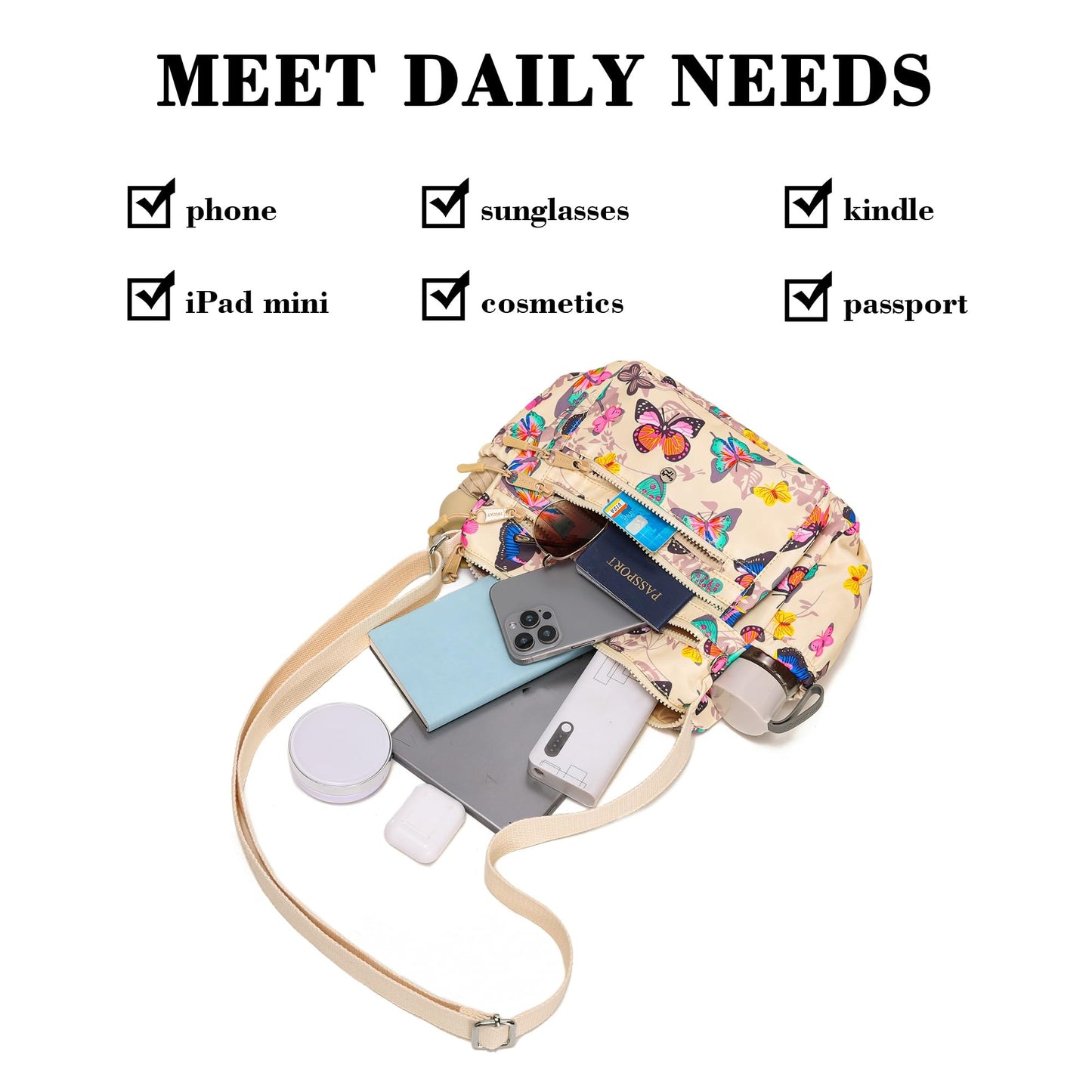 AOCINA Crossbody Bags for Women Multi Pocket Nylon Lightweight Ladies Purses Messenger Shoulder Handbags Satchel Travel Bag (Beige Butterfly)