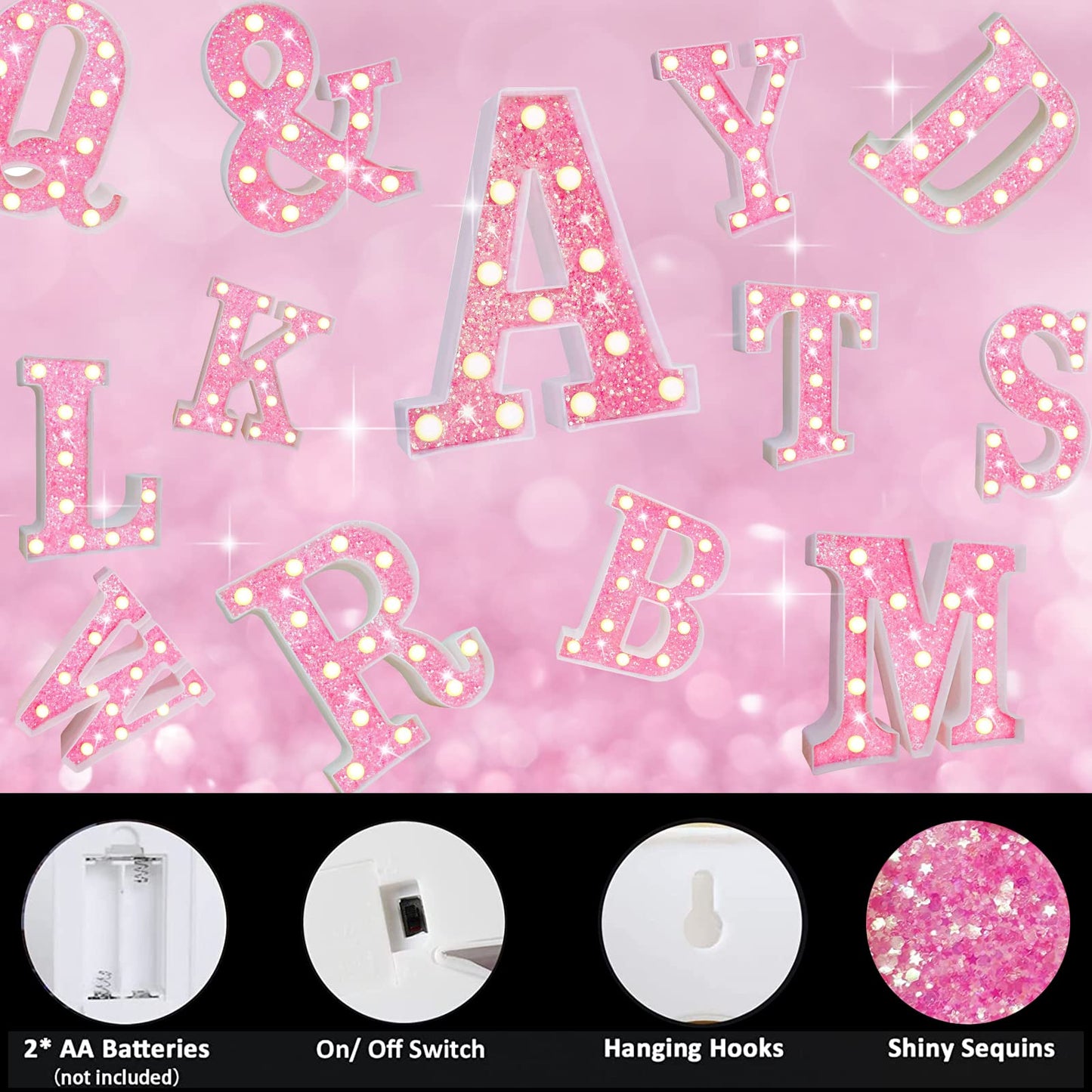 Pink Light Up Letters, Glitter Alphabet Letter Sign LED Marquee Letter Lights Battery Powered for Night Light Girls Bedroom Birthday Party Wedding Home Christmas Decorations Gift for Her-Pink N