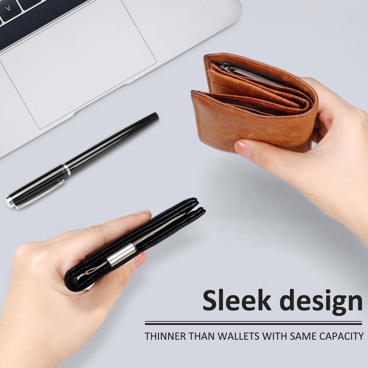 ZECICO Mens Slim Wallet Money Clip: Bifold Vegan Leather Wallets RFID Blocking Front Pocket Wallets Credit Card Holder with ID Windown Gifts for Men