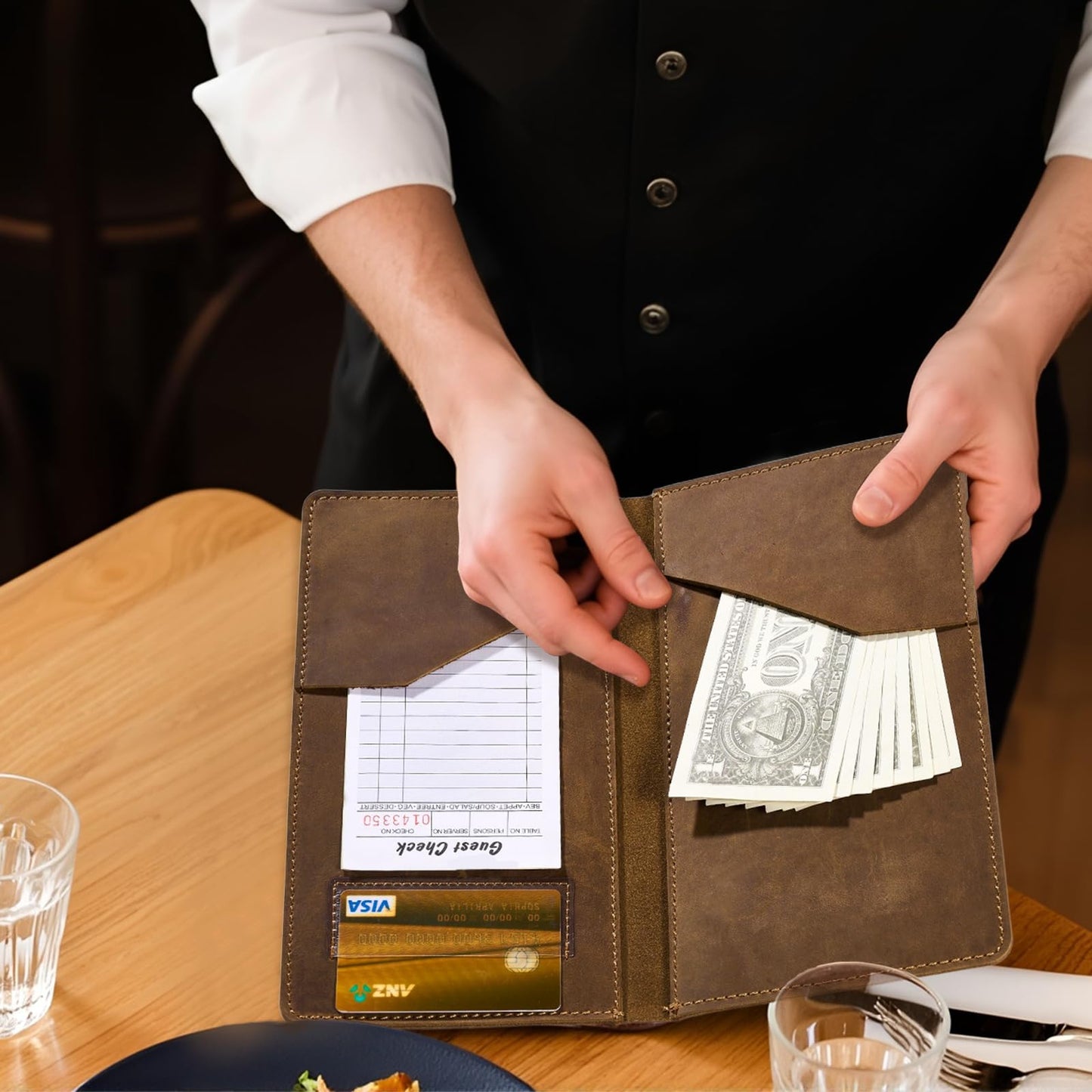 CoBak Genuine Leather Check Presenter - Guest Check Holder for Restaurants, Bars, Hotels, Professional Bill Folder for Servers, 2 Pack