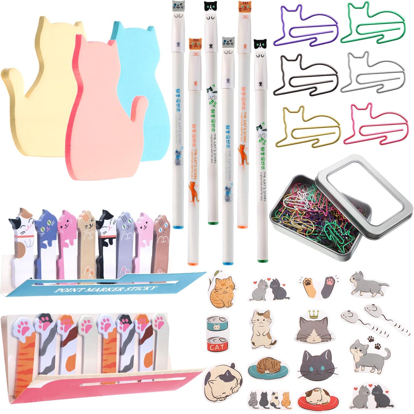Outus Cat Office Supplies Cute Sticky Notes Paper Clips Gel Ink Pens Cartoon Stickers Party Favor for Cat Lovers Office Supplies(Cute Style)