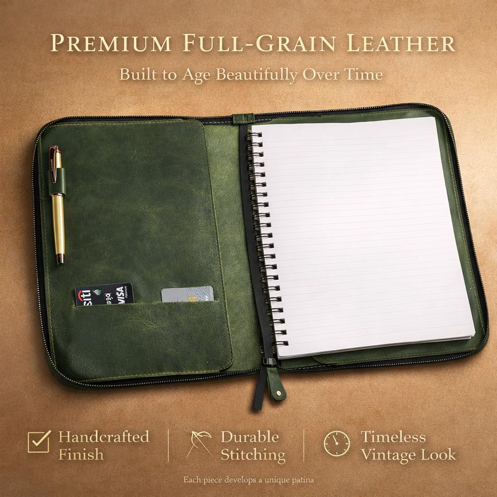 CestAntiQ, Heavy Duty Full Grain Leather Journal Cover (8.5 x 11 in.), Refillable Cahier XXL, Refillable Spiral Notebook (8.5 x 11 in.), Handmade Zippered Leather Journal Cover (Green)