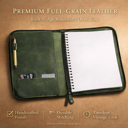 CestAntiQ, Heavy Duty Full Grain Leather Journal Cover (8.5 x 11 in.), Refillable Cahier XXL, Refillable Spiral Notebook (8.5 x 11 in.), Handmade Zippered Leather Journal Cover (Green)