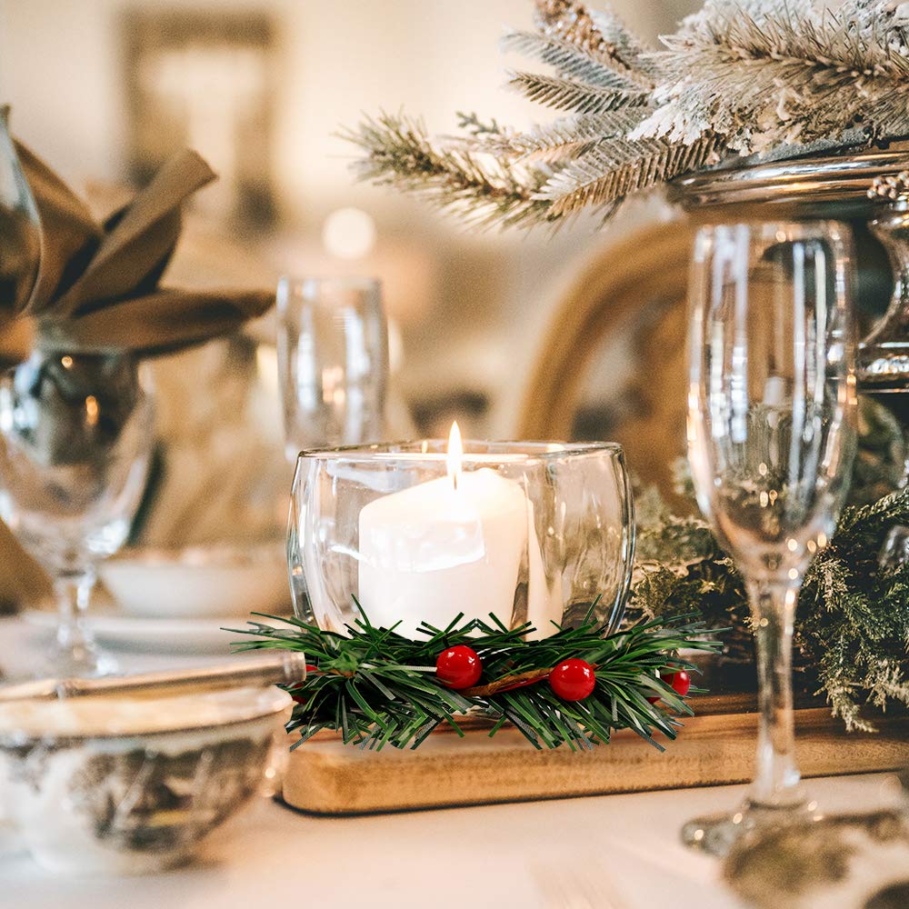 YBB 12Pcs Christmas Candle Rings, Small Artificial Red Berry Wreath Candle Holder Rings, Fits 3 Inch Pillars Candle Tapers for Rustic Wedding Centerpiece Christmas Table Decoration