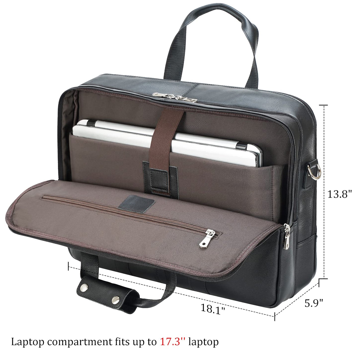 Polare X-Large 18" Napa Leather Briefcase For Men Business Travel Case Messenger Bag Fits 17.3" Laptop (Black)