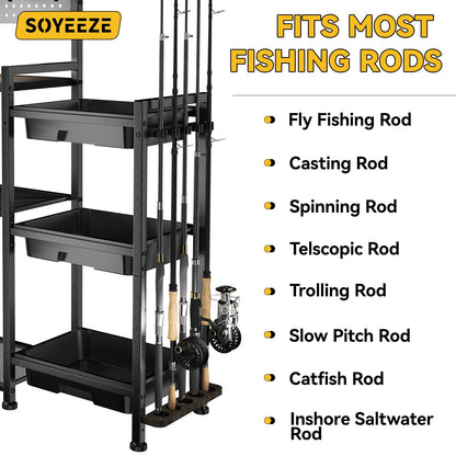SOYEEZE Fishing Rod Holders for Garage, 3 Storage Boxes for Reels & Fishing Accessories, 10 Rod Capacity Fishing Pole Holder with Pegboard, and 3-Tier Shelf for Tackle Box, Fishing Gear Organizer