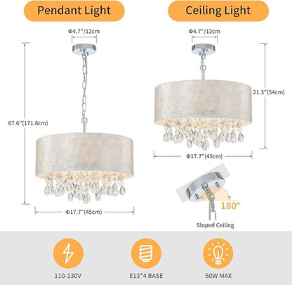 4-Lights Drum Capiz Shell Crystal Chandeliers, Coastal Style Pendant Light Fixture for Dining Room, Living Room, D18 x 21~68"(Adjustable), Shell Lampshade & Chrome Finish