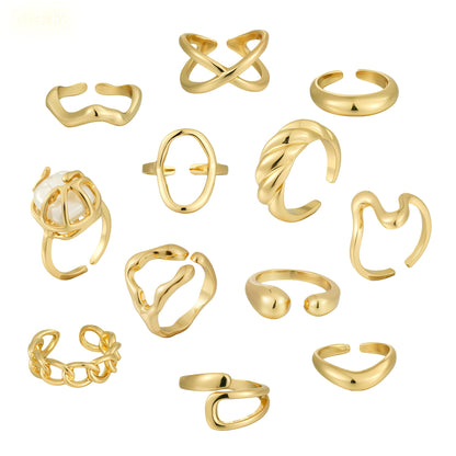 FAXHION 12PCS Gold Stackable Rings Set for Women, 18K Gold Plated Open Stacking Knuckle Ring, Adjustable Chunky Signet Band Statement Ring for Gift
