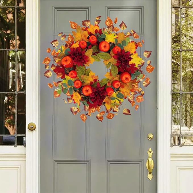22 Inch Fall Wreath for Front Door, Thanksgiving Artificial Autumn Apple Wreath with Maple Leaves Dahlia Hydrangea for Farmhouse Home Window Wall Office Wedding Indoor Outdoor Decorations