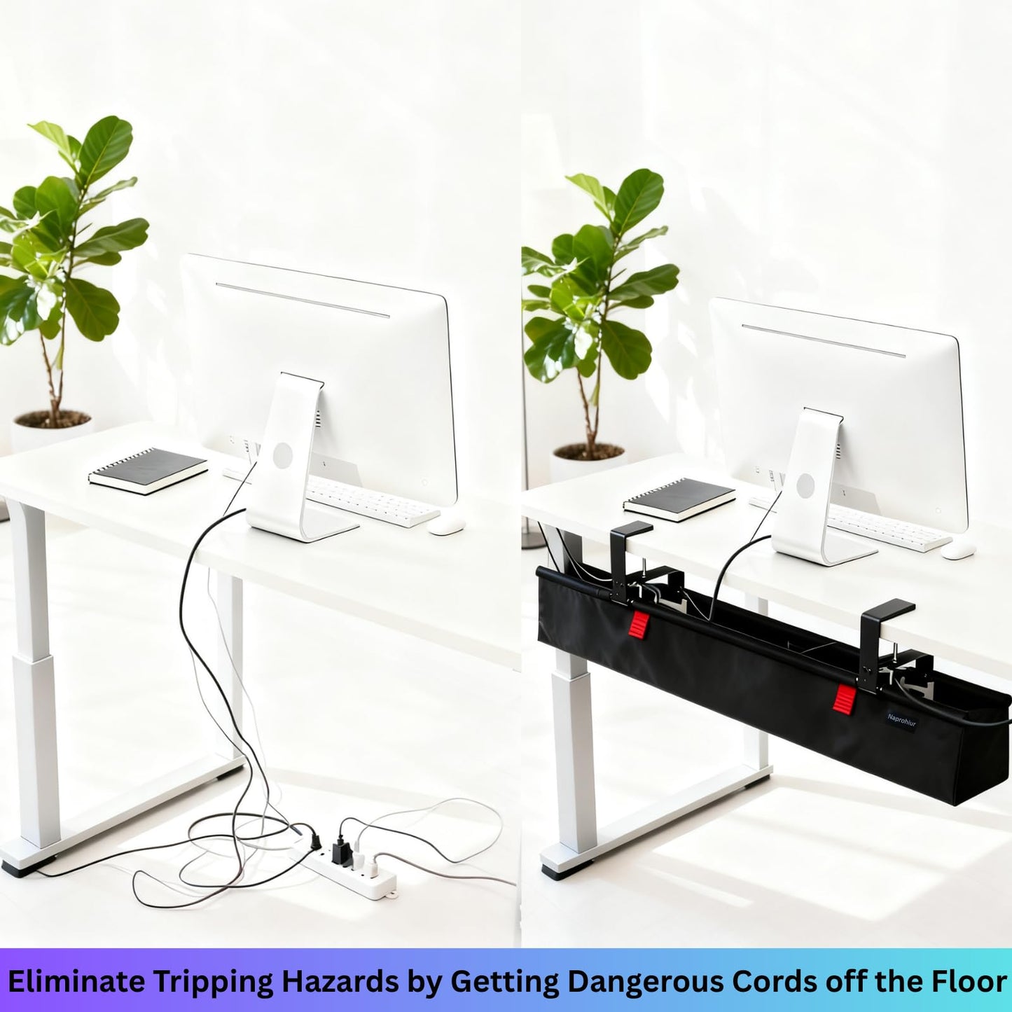 Under Desk Cable Management Tray, 48" Extra Large No Drill Cord Organizer with Easy to Clean Oxford Fabric, Clamp On Power Stripe Holder for Office, Home Office & Gaming Space