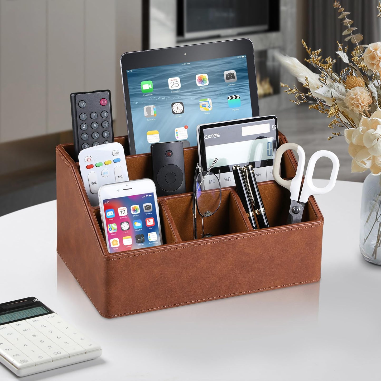 MEIBOOCH PU Leather Desk Organizer, Luxury Remote Control Holder for Home, Office Desk Accessories Table Caddy Bedside Nightstand Organizer (Brown)