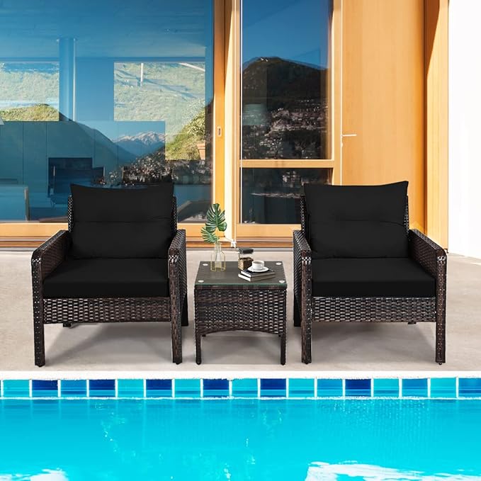 HAPPYGRILL 3 Pieces Patio Conversation Set Outdoor Rattan Wicker Furniture Set with Coffee Table & Chairs Patio Bistro with Seat Cushions for Garden Balcony Backyard Poolside