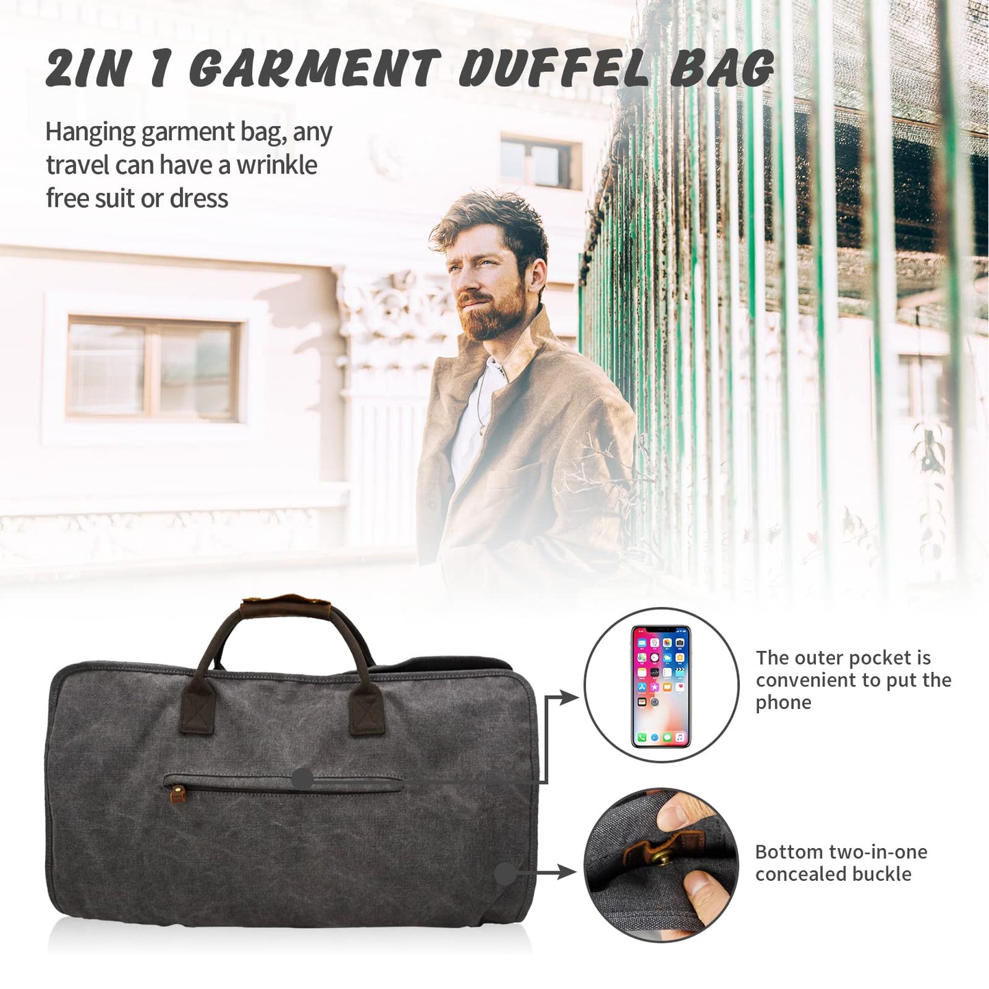 2 in 1 Suit Garment Duffle Convertible Carry-on Bag With Canvas Leather Shoulder Strap for Travel, Business Trips, Storage - Hangding Suit, Clothes, Dresses, Shoes (Gray)