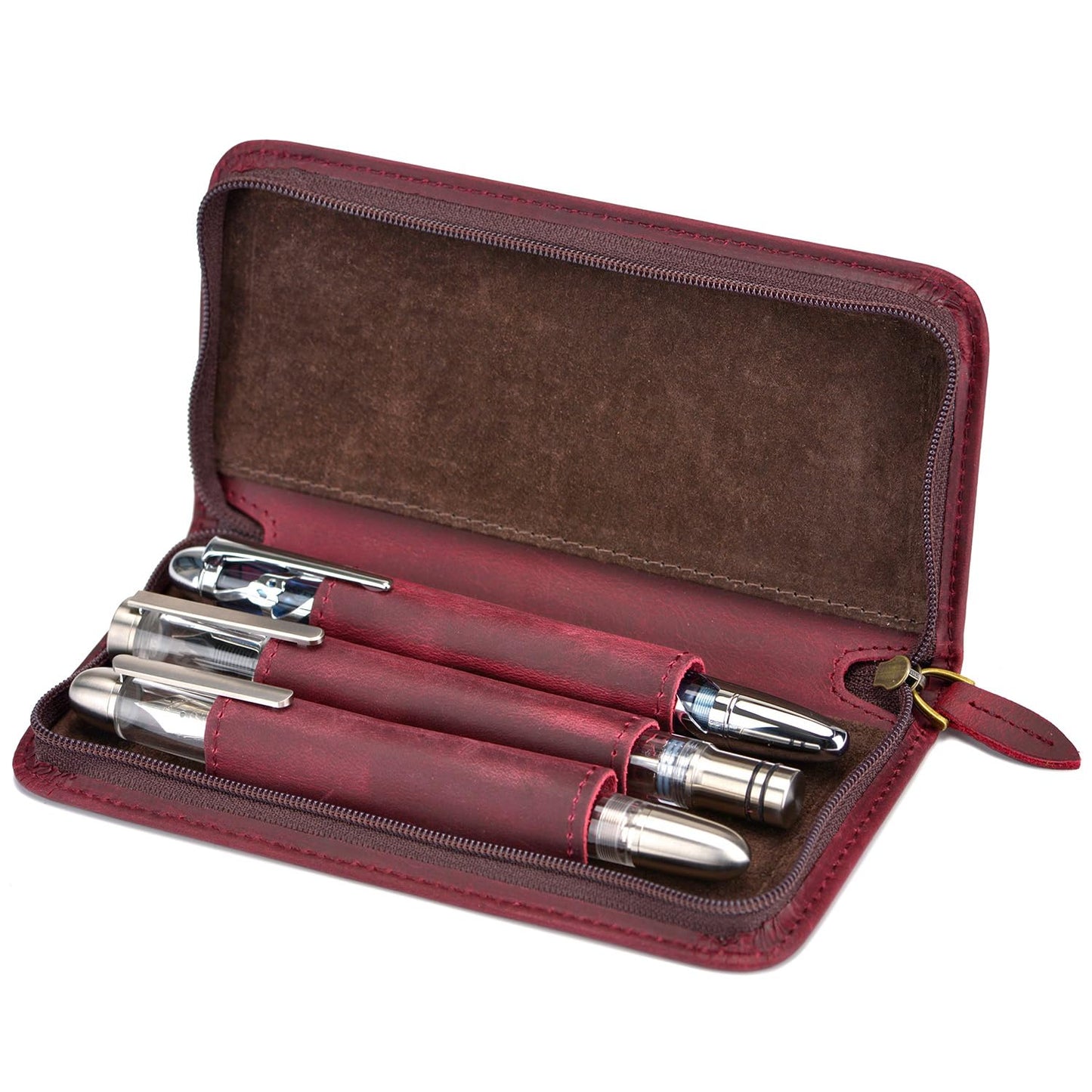 Asvine Fountain Pen Case 3 Divided Slots Crazy Horse Leather Pen Holder, Handmade Display Zippered Pouch for Rollerball Pen-Wine