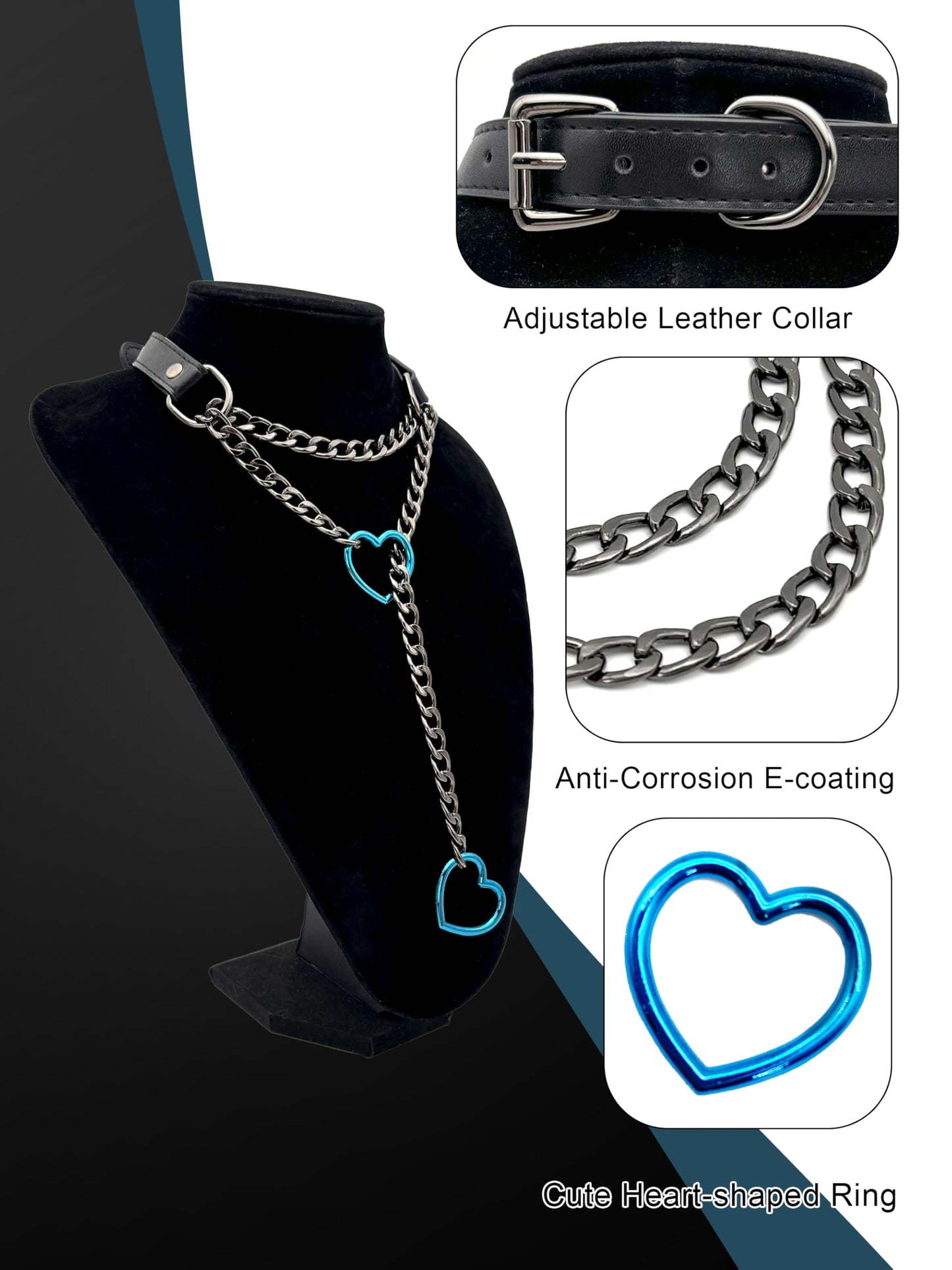 EverGlimp Black Leather Choker Collar For Women, Handmade Heart Slip Chain Choker Long Necklace with Adjustable Buckle