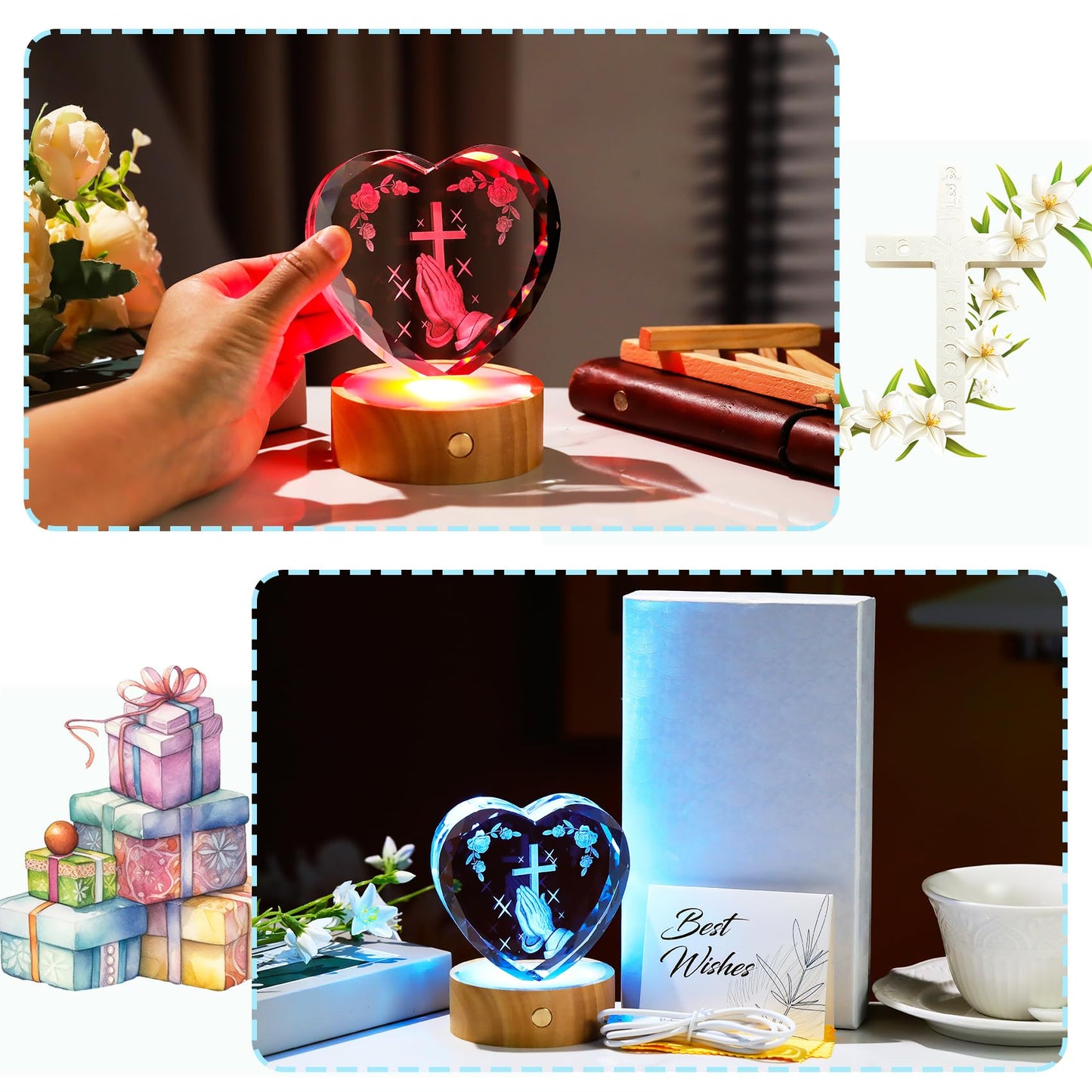 3D Cross with Praying Hands Crystal Heart Religious Gifts for Women Men - Glass Christian Gift Idea for Room with Wooden Light Base, Collectible Night Light for Catholic on Easter Home Decor