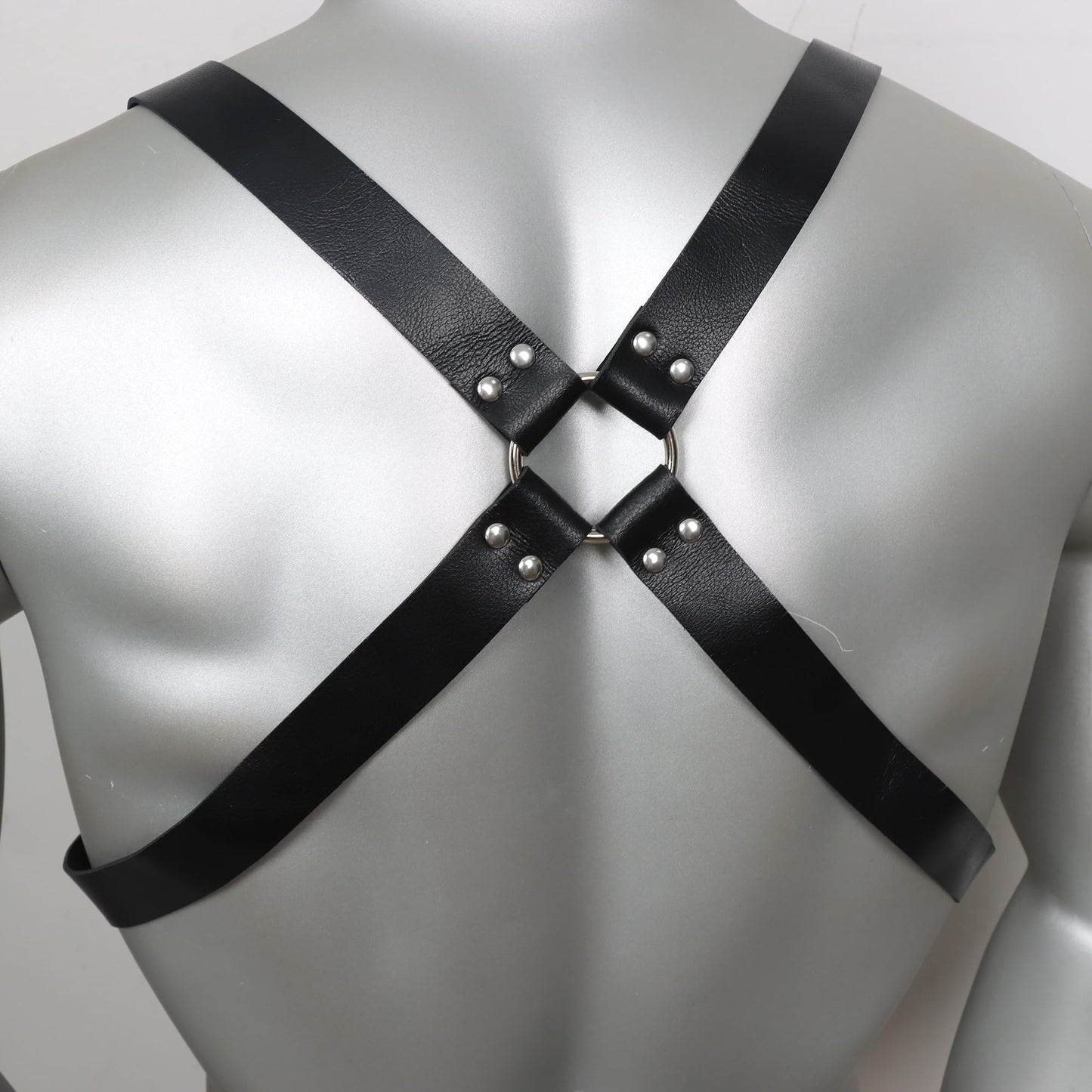 Mens Punk PU Leather Harness Adjustable Chest Body Belt with Buckles Rings Chain Design Adult Roleplay Outfit Clubwear Valentine's Day Festival Party Costume Gift for Men Adults