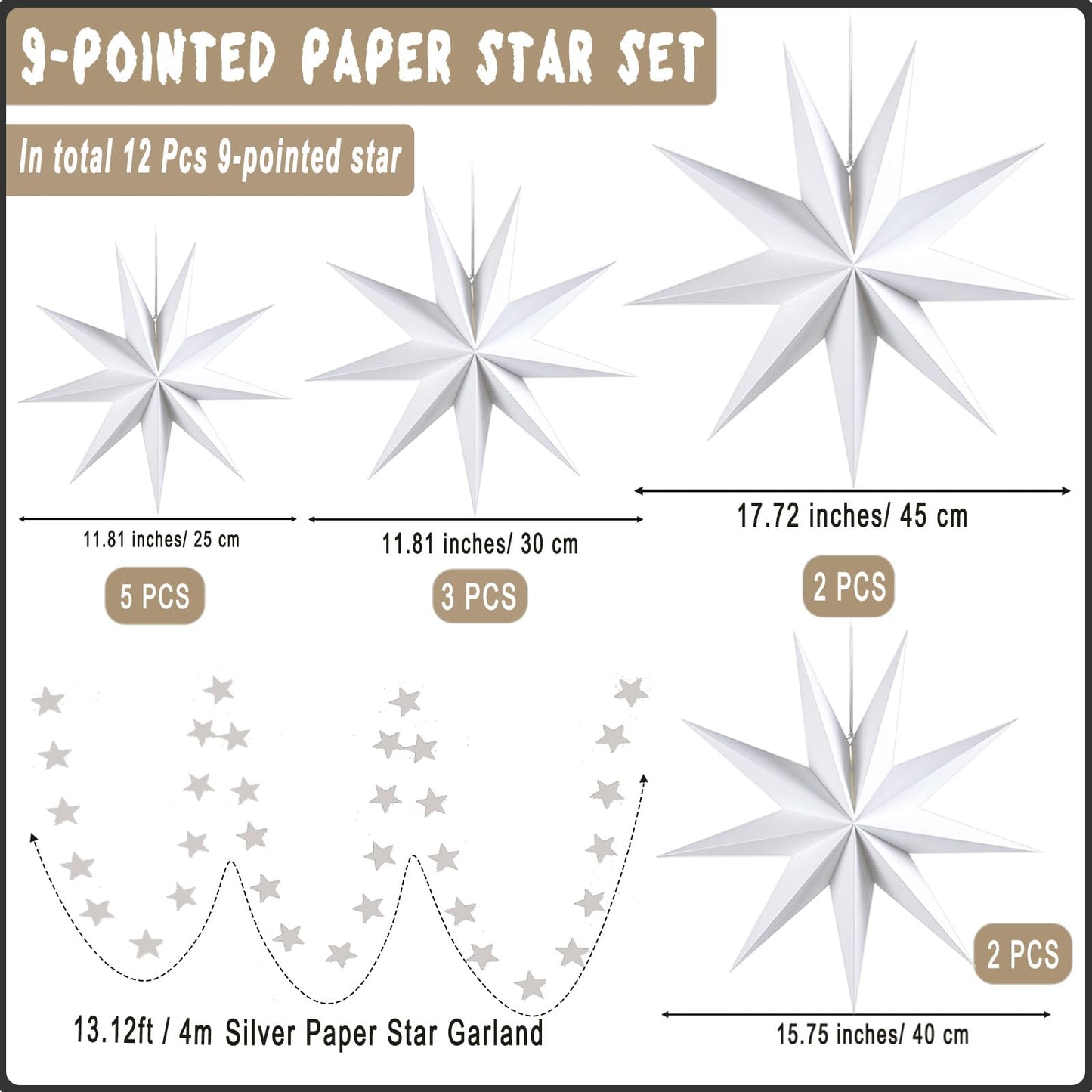WNSIRVY 12 Pack 9-Pointed Large 3D Paper Star Lanterns with Star Garland Hanging Lanterns Lampshade for Themed Party, Home Wedding, Birthday Decorations (White)