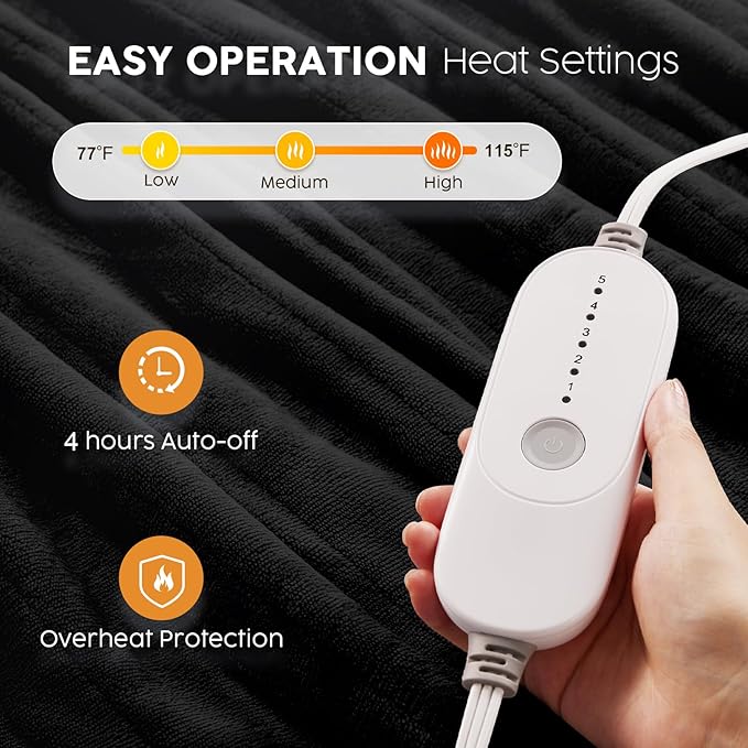 HYLEORY Heated Electric Blanket Throw 50"x60" Soft Fleece & Flannel with 5 Heating Levels & 3 Hours Timer Auto Shutt Off, ETL Certified, Washable，Heated Blanket for Body-Black
