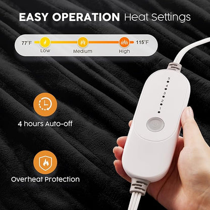 HYLEORY Heated Electric Blanket Throw 50"x60" Soft Fleece & Flannel with 5 Heating Levels & 3 Hours Timer Auto Shutt Off, ETL Certified, Washable，Heated Blanket for Body-Black