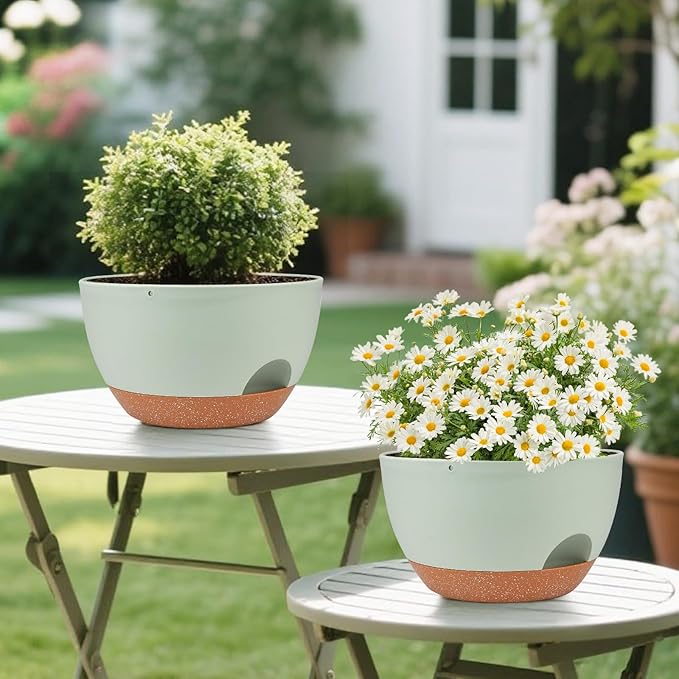 Plant Pots 12inch Self Watering Pots, Set of 2 Plastic Planters with Drainage Holes and Saucers, Flower Pots for Indoor Outdoor Plants (Green)