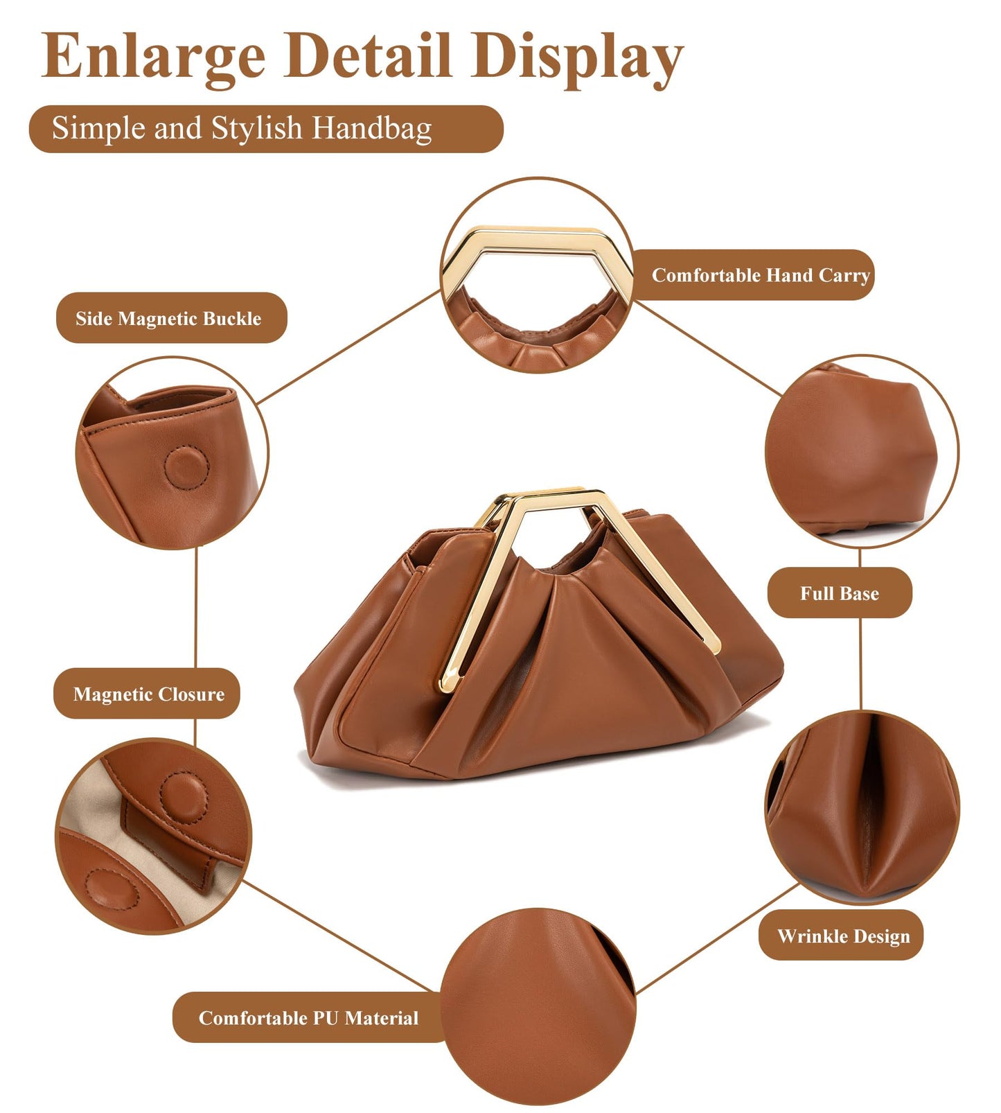 myfriday Women's Elegant Ruched Clutch Purse, Soft Dumpling Evening Purse Handbags for Wedding Prom Party Formal Events (Brown)