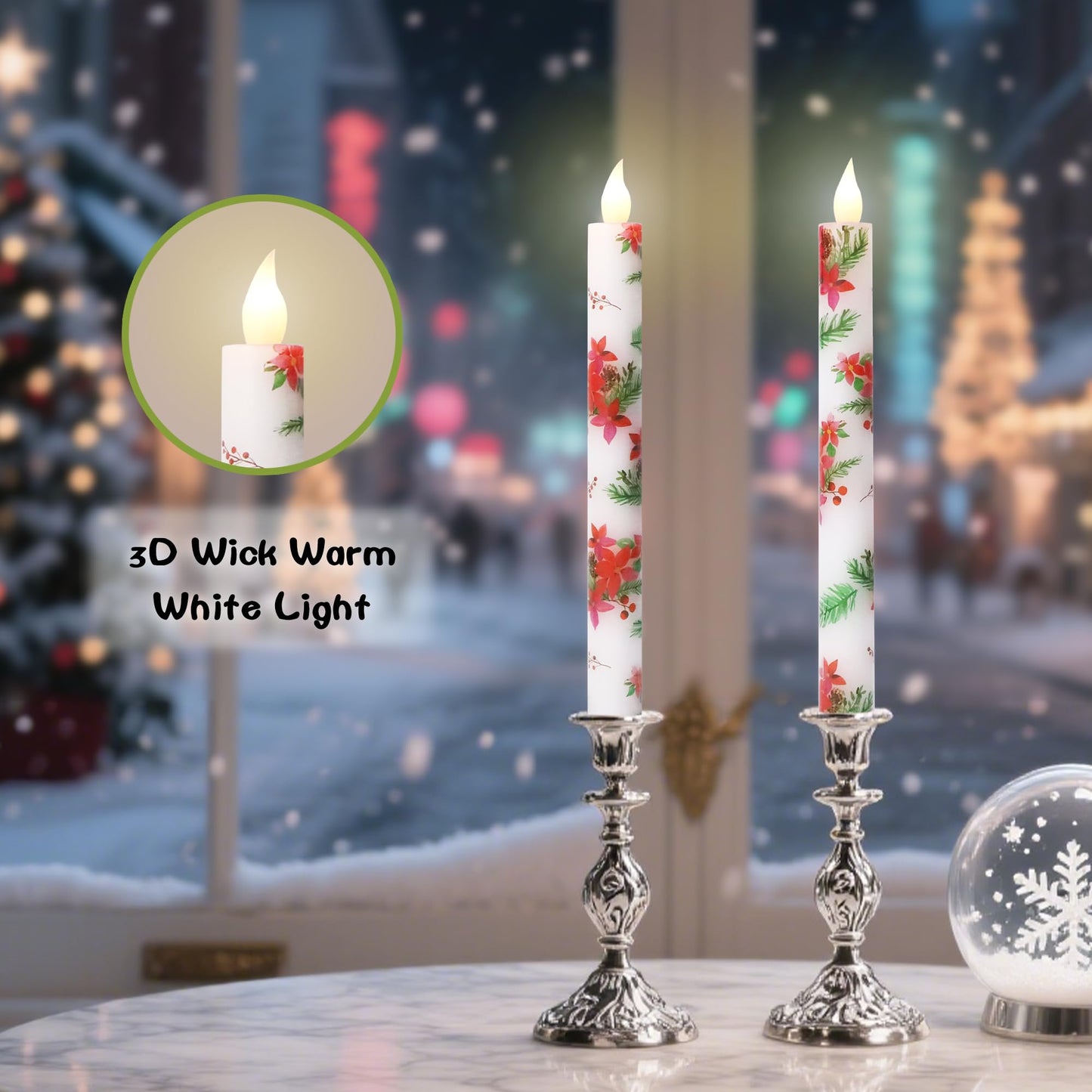 Holitown Christmas Flameless Taper Candles 2 Pack Christmas Poinsettia Flowers Battery Operated Candle with Remote Real Wax Flickering LED Fake Candle Home Decor for Xmas New Year Wedding Party
