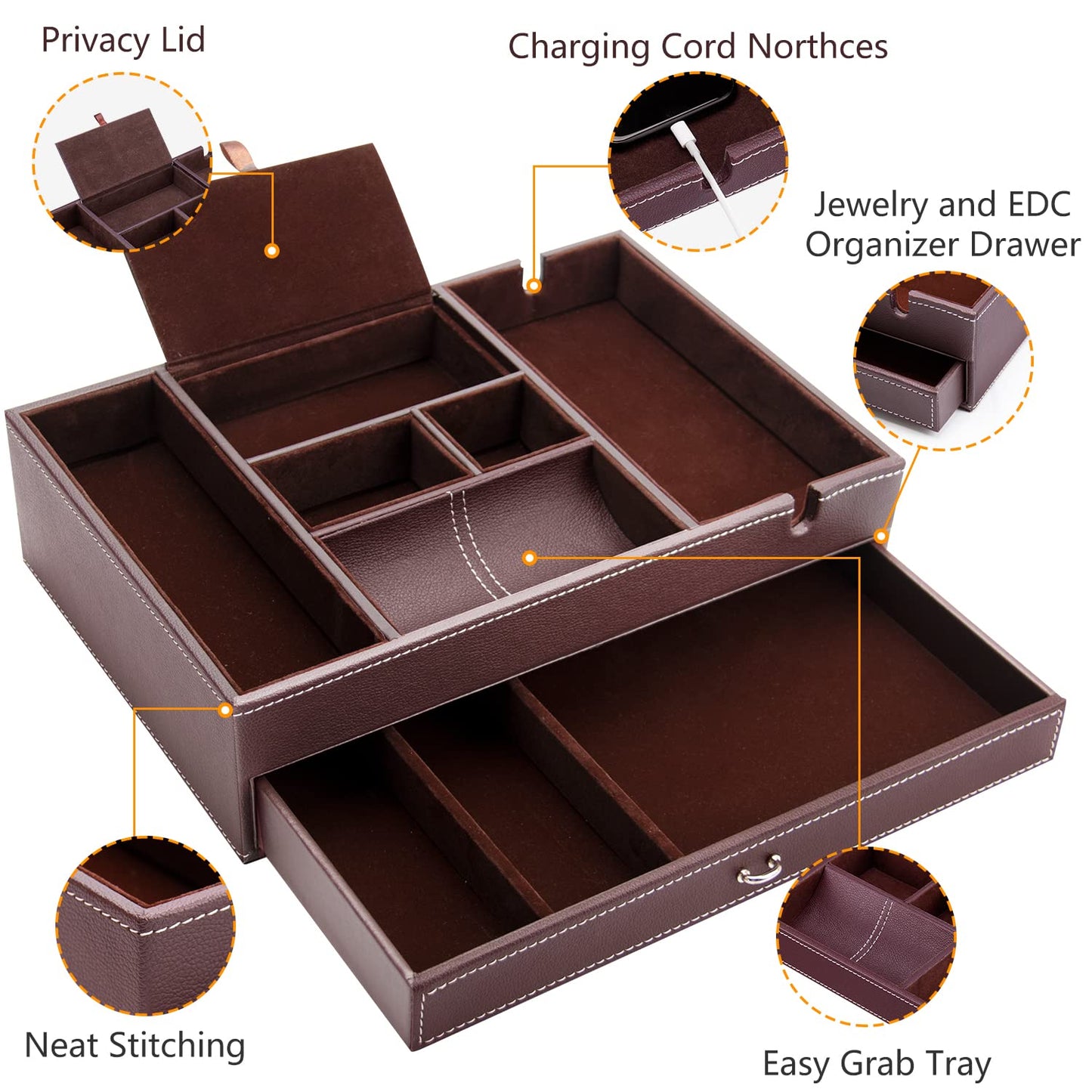 Baoyun Valet Tray for Men, 2 Layers Nightstand Organizers for Men and Women, Leather Jewelry Storage Box, Mens Dresser Top Organizer, Catch All for Jewelry Key Wallet and Phone (Brown)