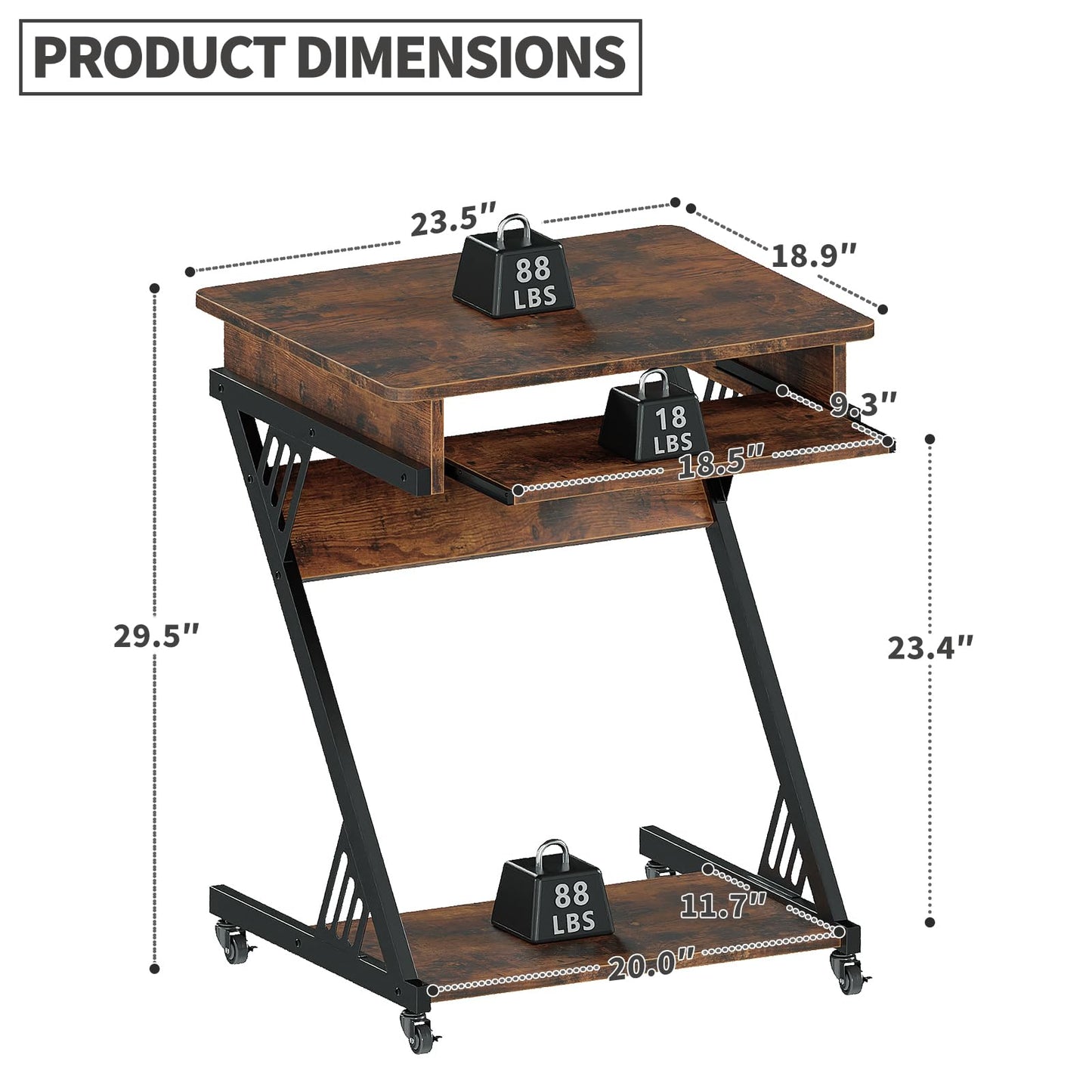 ALISENED Computer Desk for Small Spaces, 23.6" Z-Shaped Compact Study Table with Smooth Keyboard Tray with Wheels and Bottom Shelves for Home Office, Computer Cart Mobile Laptop Cart, Rustic Brown