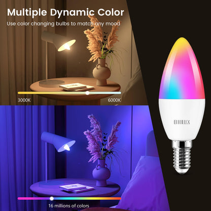 OHLUX 6 Pack E12 Smart Candelabra LED Light Bulbs, Color Changing Compatible with Google Alexa and Smart Life, 4W 40W Equivalent WiFi Candle Bulbs with Remote Control, Timer