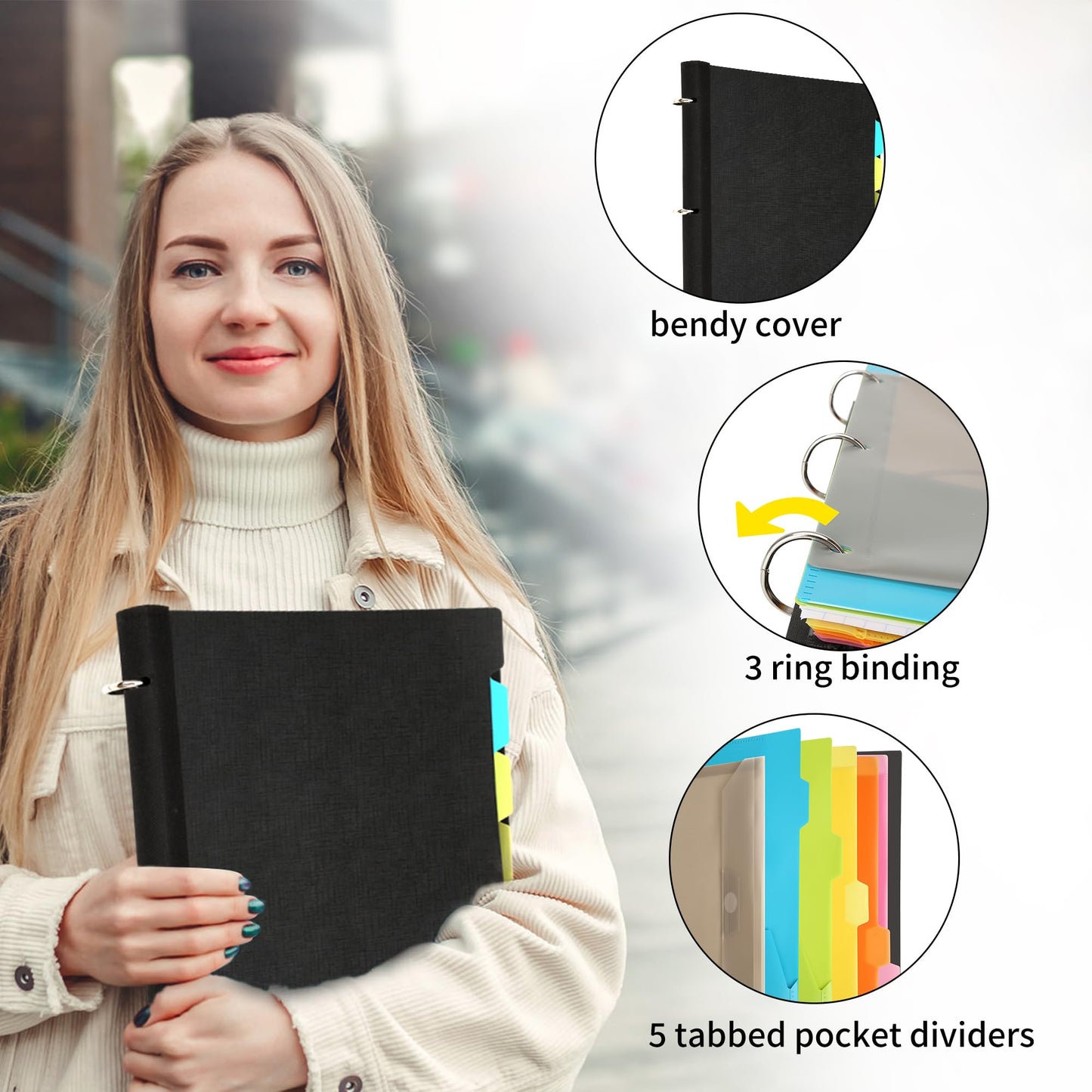 Tashkummy Pivotable Refillable Notebook, 3 Ring Binder Notebooks 1 Inch, Notebook with Dividers and Pockets, Folder Notebook, Flexible Binder, Soft Binders 3 Ring, Foldable Binder- Black