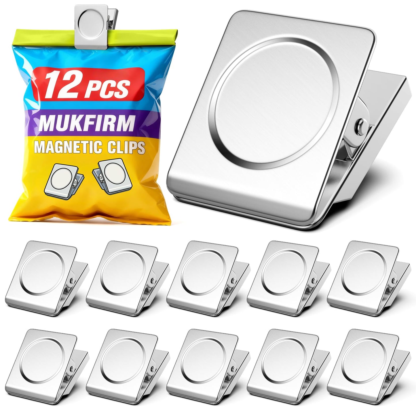 MUKFIRM 12 Pack Large Magnetic Clips Heavy Duty, Strong Magnet Clips for Notes, Fridge Magnets, Refrigerator Magnets Clip for Organization, Chip Clip Magnets for Whiteboard, Classroom, Cruise, Office