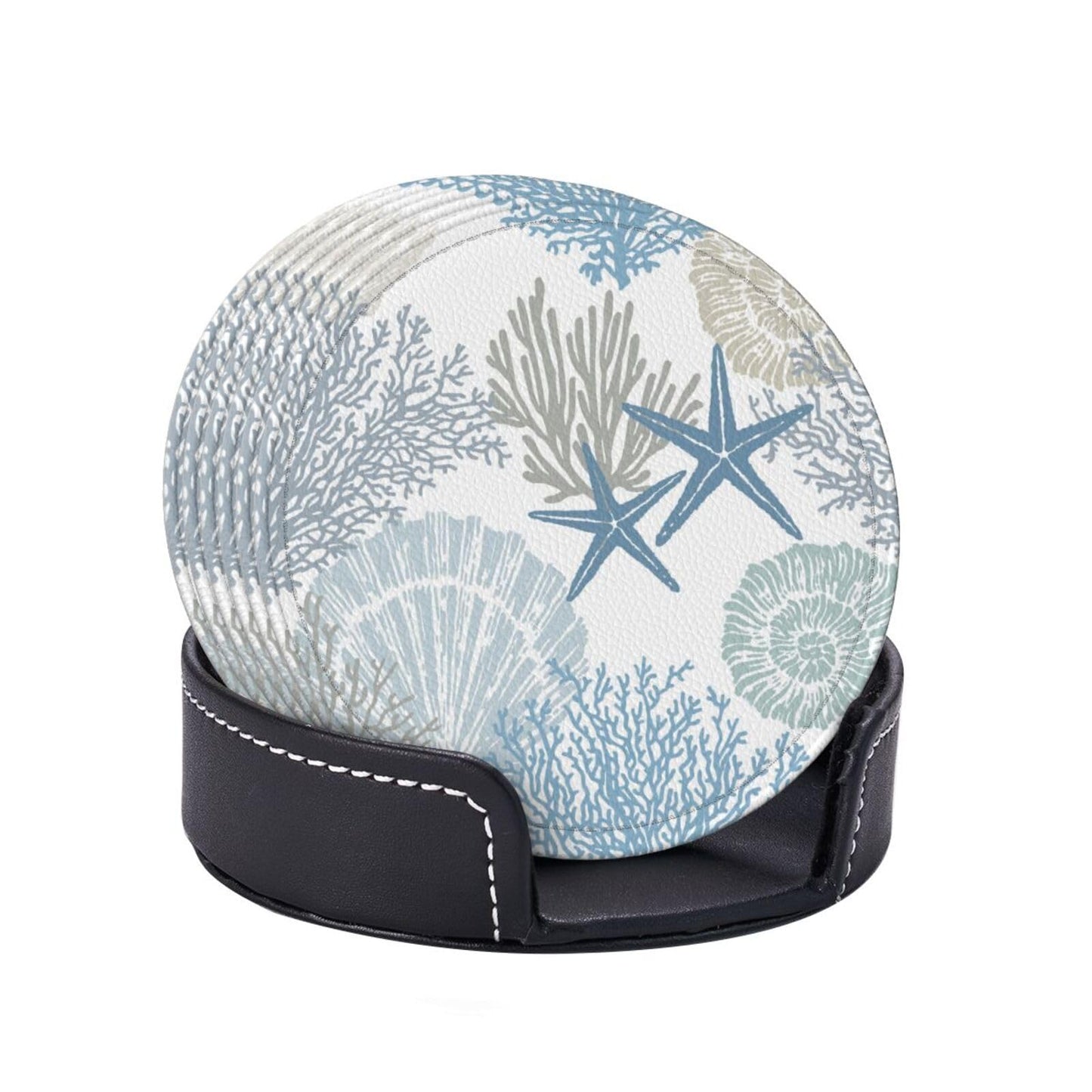 Nautical Sea Shell Star Coral Coastal Coasters for Drinks Round Leather Coaster with Holder Set of 6 for Tabletop Protection Desk Accessories Office Home Room Decor