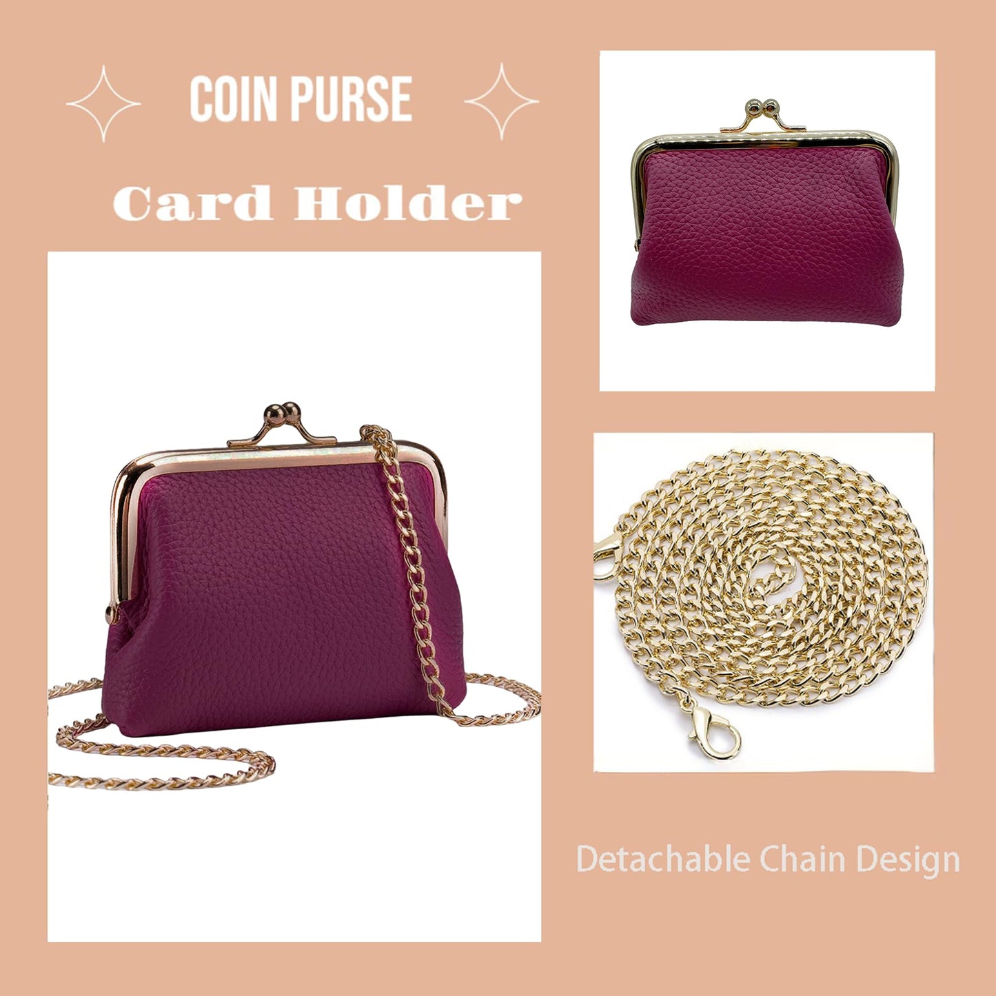 Cute Small Coin Purse & Credit Card Holder for Women Fashion Crossbody Chain Wallet Leather Coin Pouch Change Purse for Cash Key (Magenta)