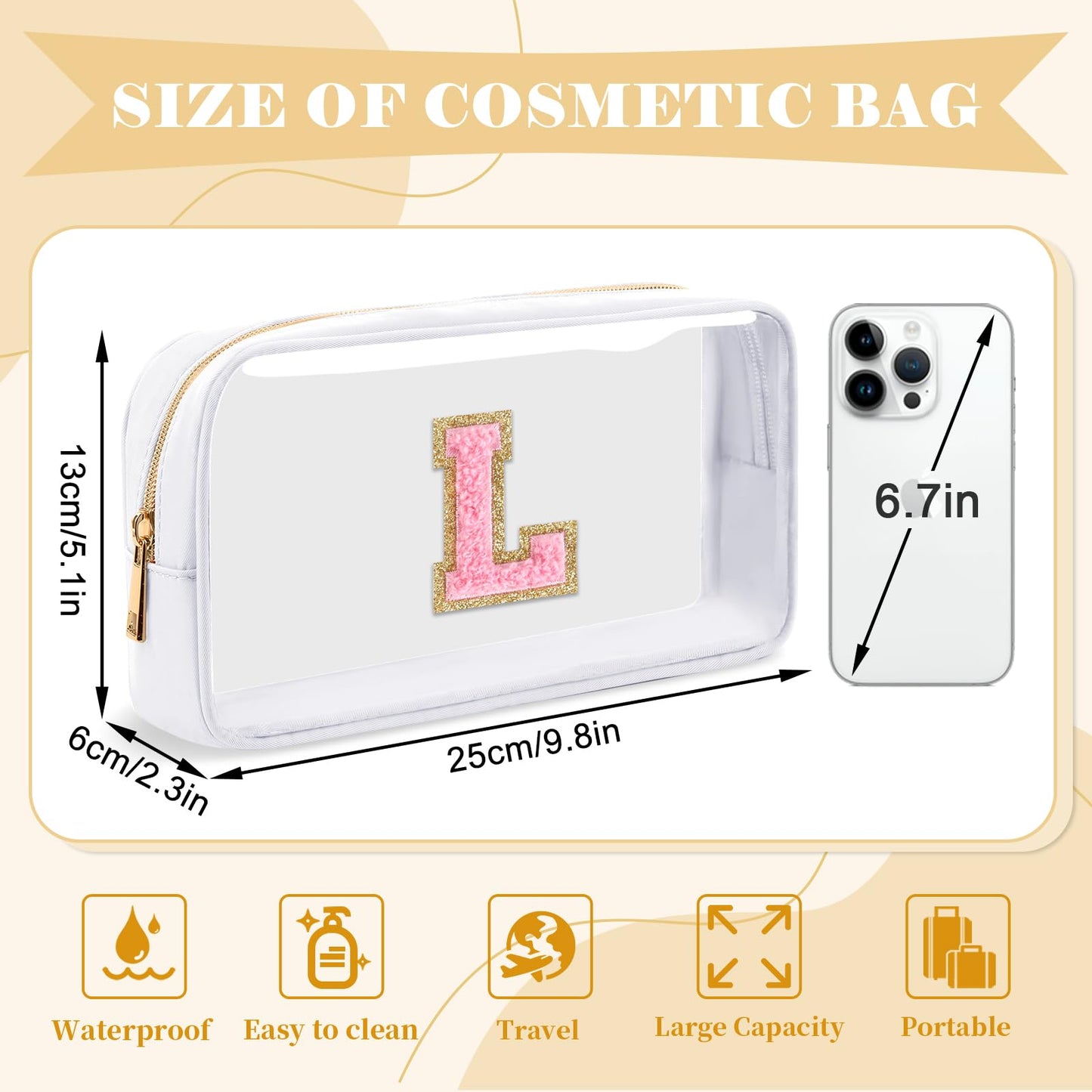 UIXIZQ Personalized Initial Letter Clear Makeup Bag,Preppy Small Nylon&PVC Cosmetic Zipper Bag with Chenille Letter,Travel Skincare Toiletry Bag,Monogram Christmas Gift for Teen Girls Women,L