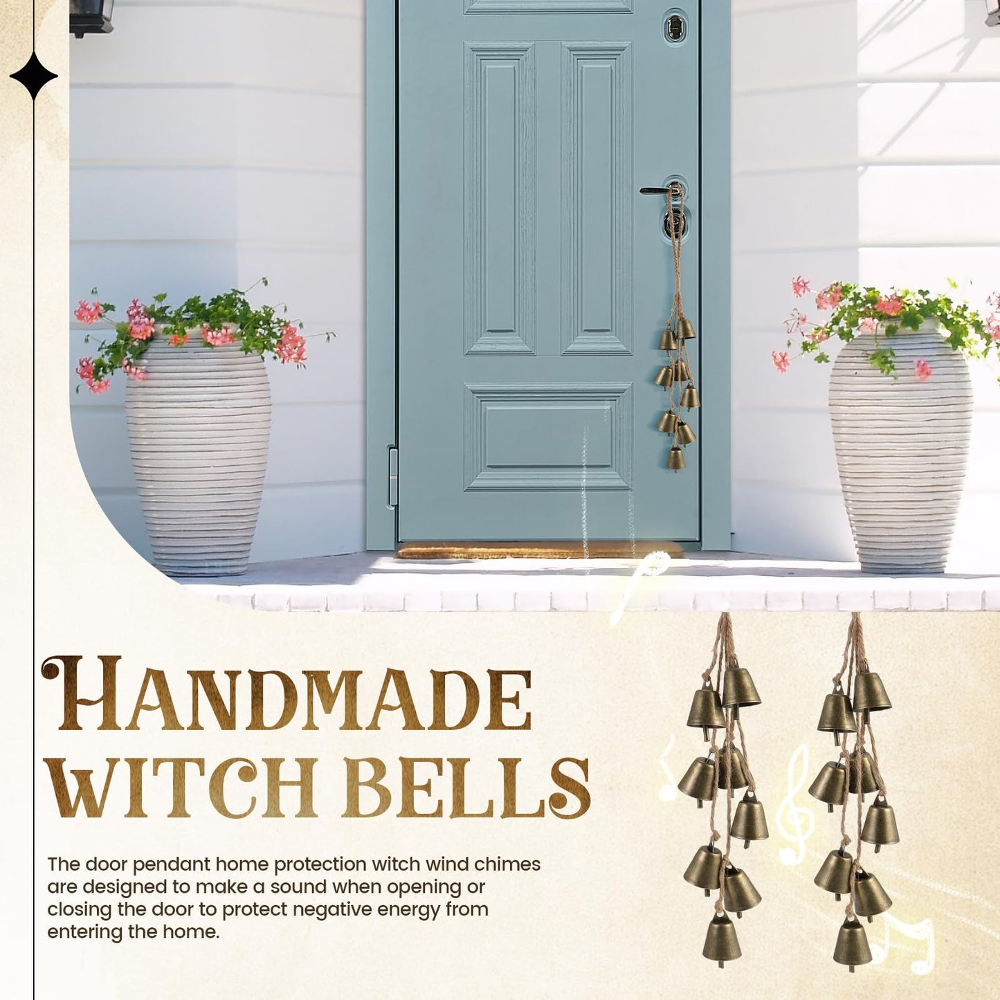 2 Pack Witch Bells for Door Knob Protection Outdoor Bells Small Hanging Bells for Door knob Witches Bells Magic Wind Chimes for Home Protection Witch Bells Kit(Rustic)