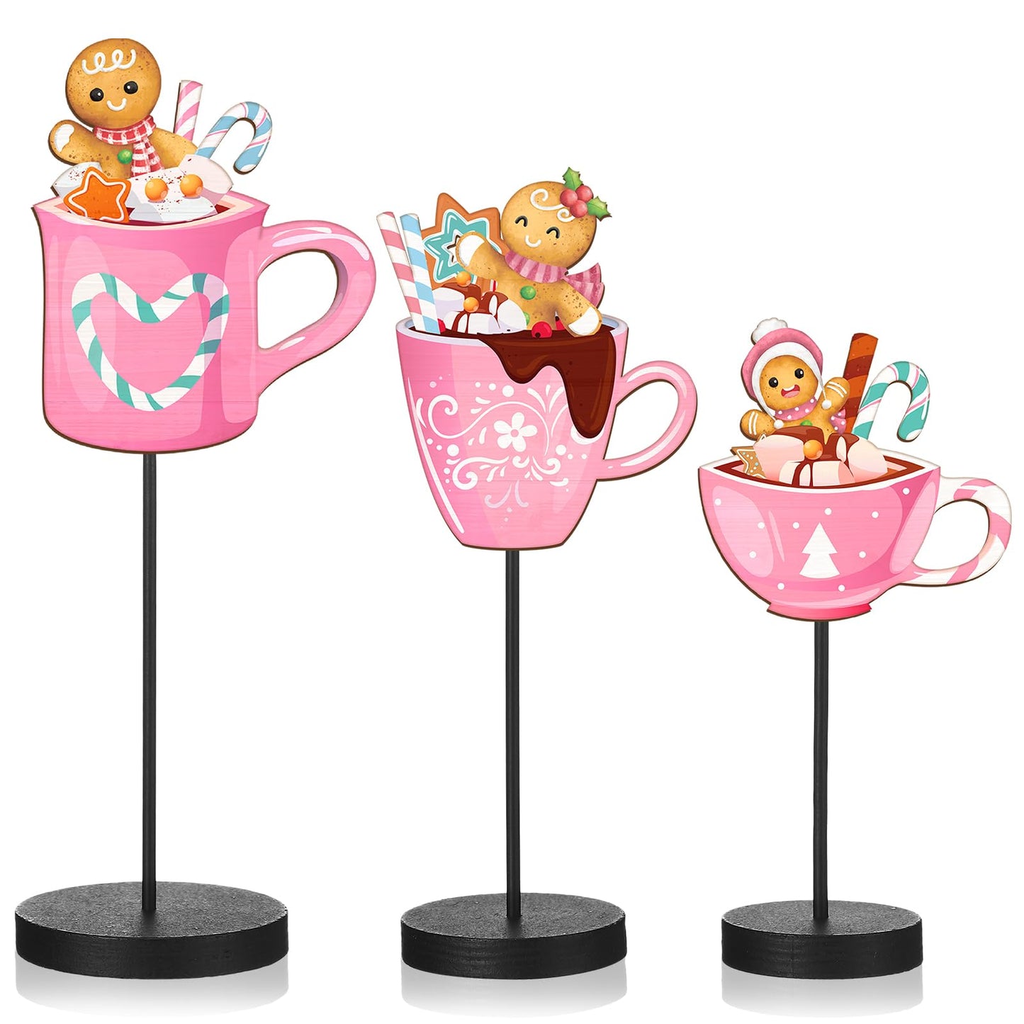 Kathfly 3 Pcs Pink Gingerbread Christmas Table Decor Wooden Gingerbread Man Table Centerpieces Hot Cocoa Bar Tabletop Sign for Christmas Coffee Home Winter Holiday Party Decorations