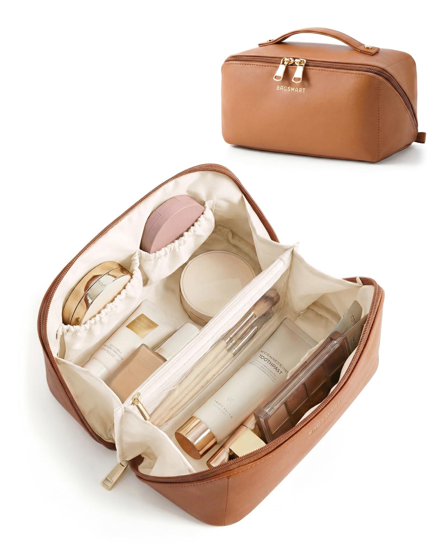 BAGSMART Makeup Bag Travel Cosmetic Bag, Large Make Up Bag Flat Open Toiletry Bag for Women, PU Leather Travel Essentials Organizer Case, Wide-open Pouch Purse for Skincare, Brushes, Classic Brown