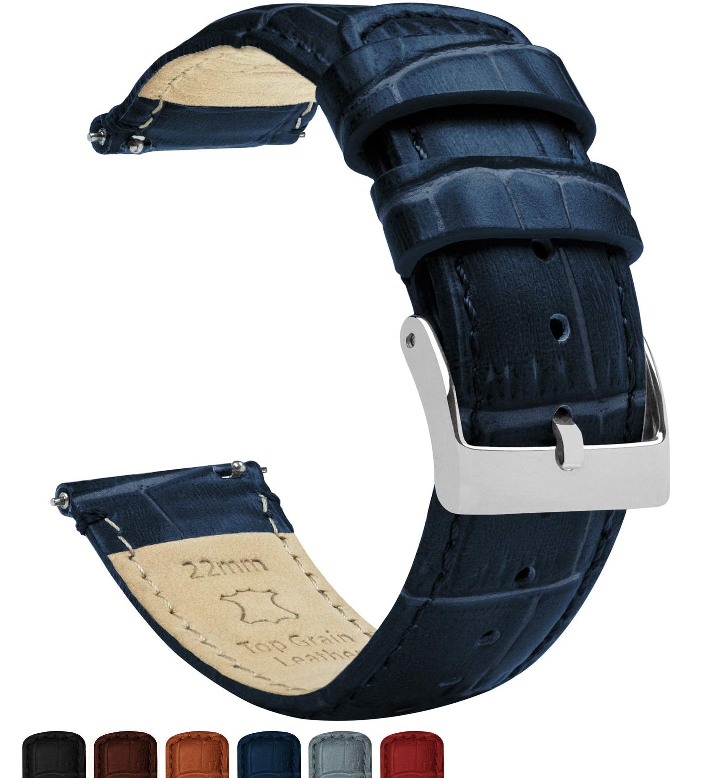 BARTON WATCH BANDS Alligator Grain Cowhide Leather - Quick Release Leather Watch Bands, Standard Length, Navy Blue & Stainless Steel Buckle, 22mm