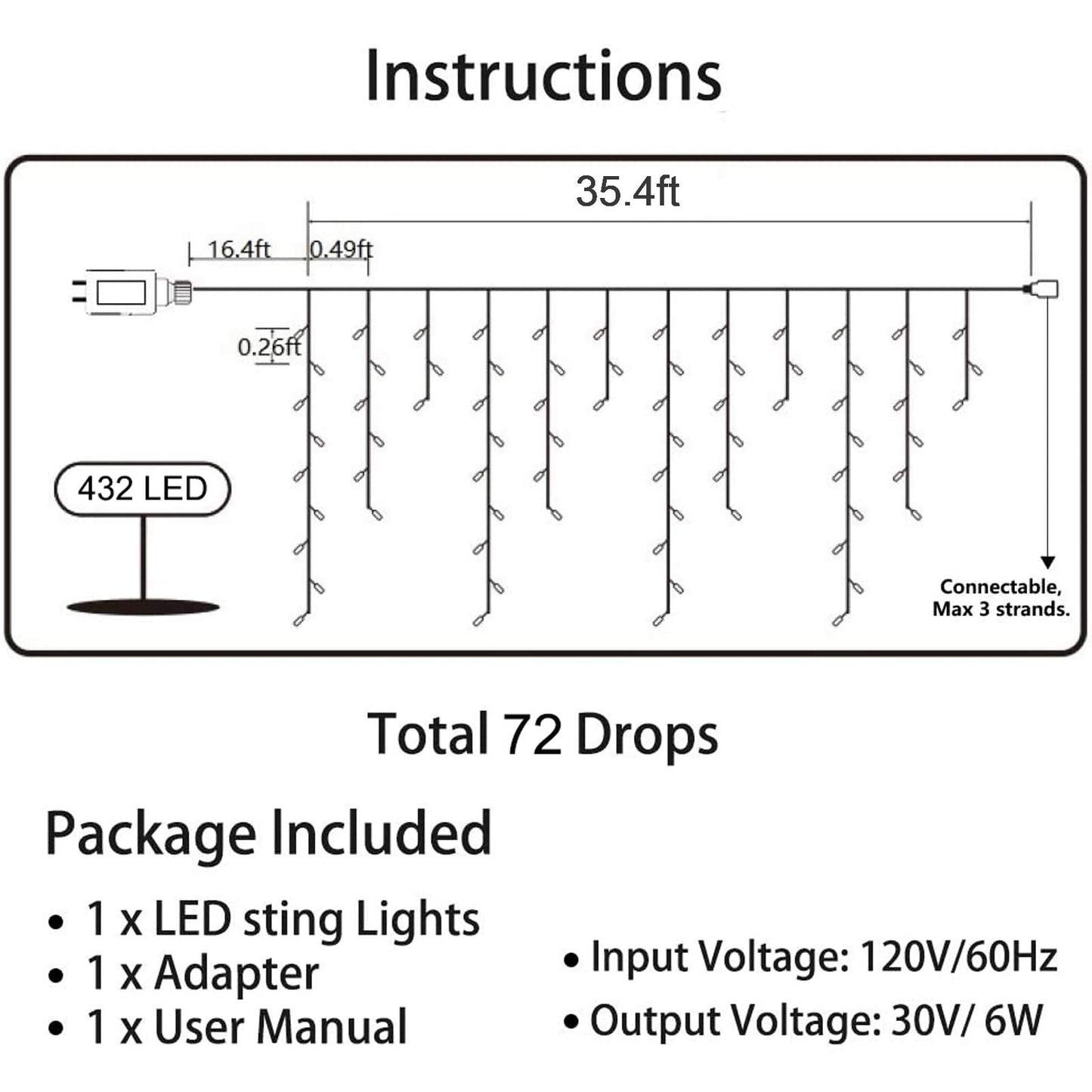 LYHOPE Icicle Christmas Lights, 432 LED 35.4ft 8 Modes Icicle String Lights with 72 Drops, Window Curtain Fairy Lights for Xmas, Eaves, Wedding, Garden, Outdoor, Indoor Decor (Clear White)