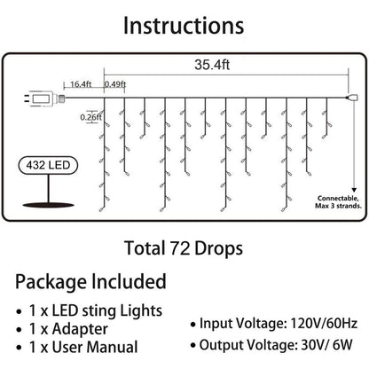 LYHOPE Icicle Christmas Lights, 432 LED 35.4ft 8 Modes Icicle String Lights with 72 Drops, Window Curtain Fairy Lights for Xmas, Eaves, Wedding, Garden, Outdoor, Indoor Decor (Clear White)