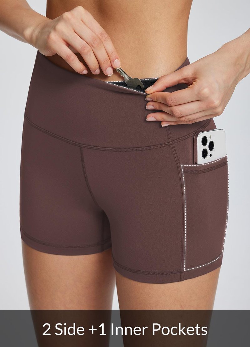 baleaf Biker Shorts Women Yoga Gym Workout Spandex Running Volleyball Tummy Control Compression with Pockets 8" Brown XXL