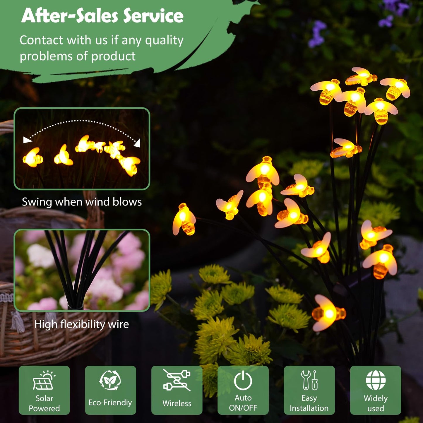Nacome Solar Garden Bee Lights Outdoor: 27.5In Waterproof 8 LED Swaying Firefly Cute Path Lights for Landscape Yard Patio Decor - Birthday Gifts for Men Women Garden Lovers(2 Pack)