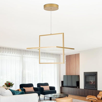 Modern LED Chandelier Led Pendant Light Square Contemporary Chandelier Hanging Light Dimmable for Living Room, Dining Room, Bedroom, Kitchen, Stydy Room 65W 3000K/4000K/6000K (Glod)