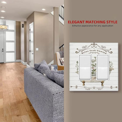 Rustic Farmhouse Wooden Board Botanical Flower Double Rocker Light Switch Cover 2 Gang Wall Plate Covers Decorative Electrical GFCI Outlet Plates for Home Bathroom Kitchen Decor