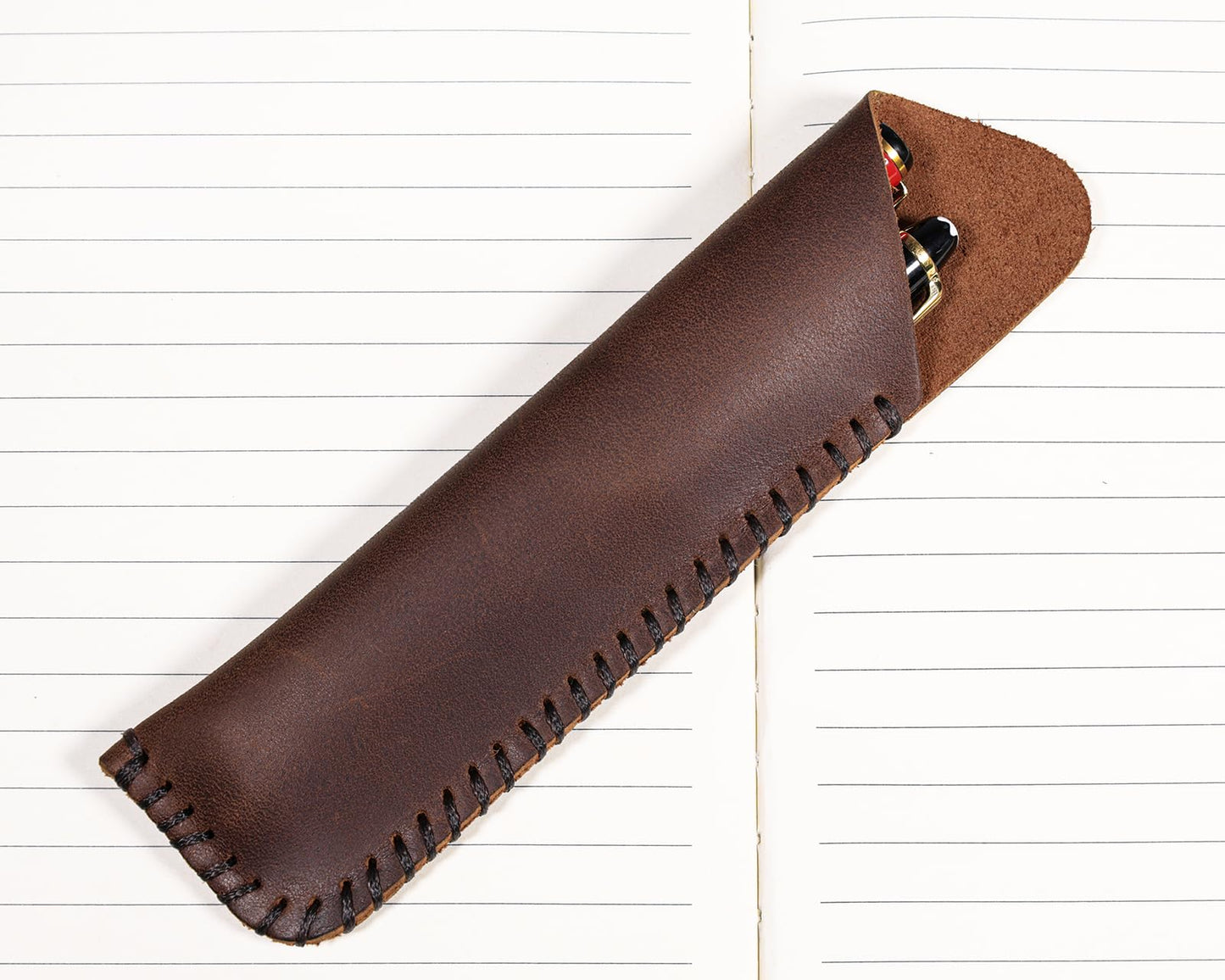 Handmade Genuine Leather Double Pen Case Fountain Pen Sleeve Holder Pouch Cover Vintage (Coffee)