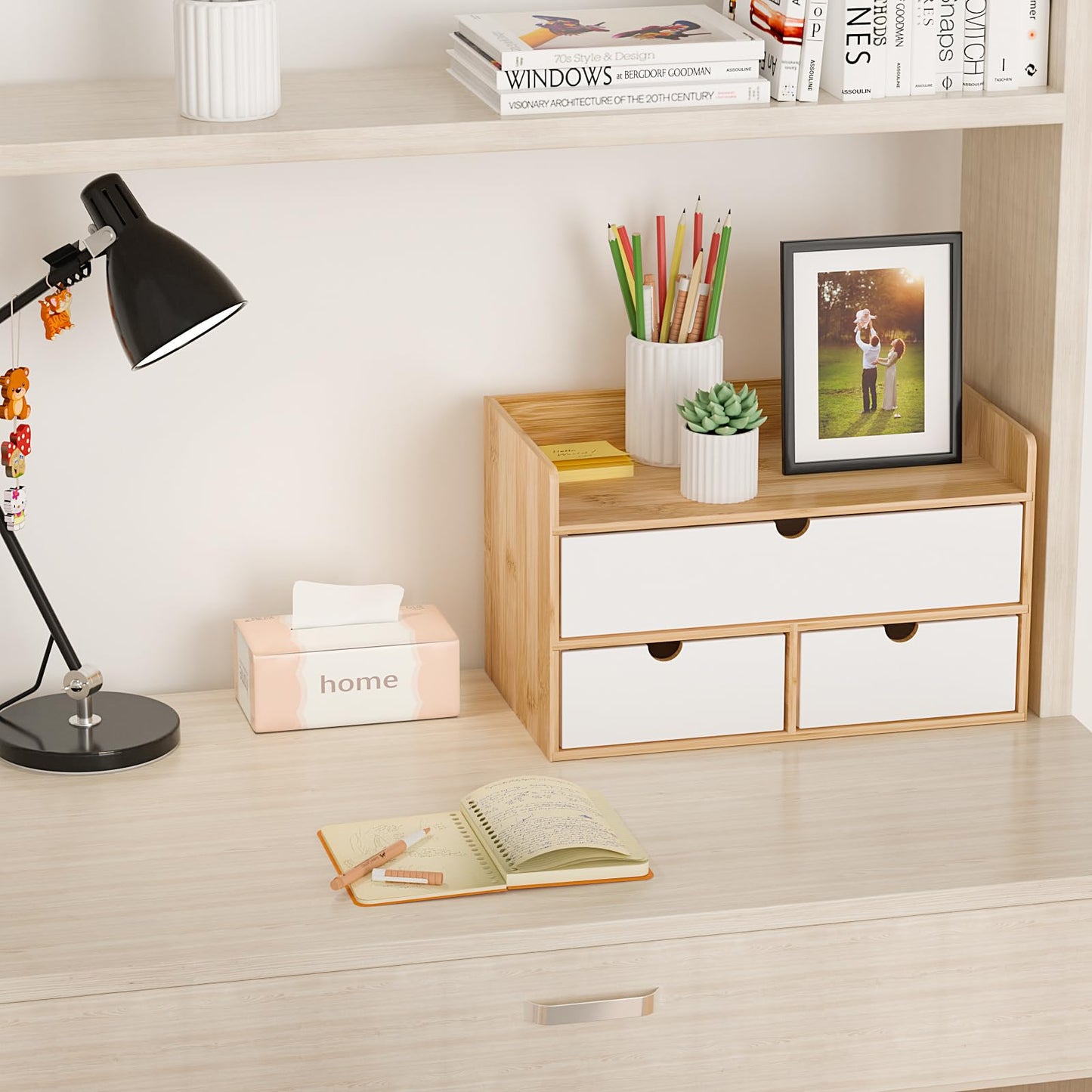 Desk Organizer with Drawers - Bamboo Desktop Organizer Storage | Natural-White Wood Desk Drawers Organizer for Bills, Office Supplies, Cosmetics, Seals No Assembly Required