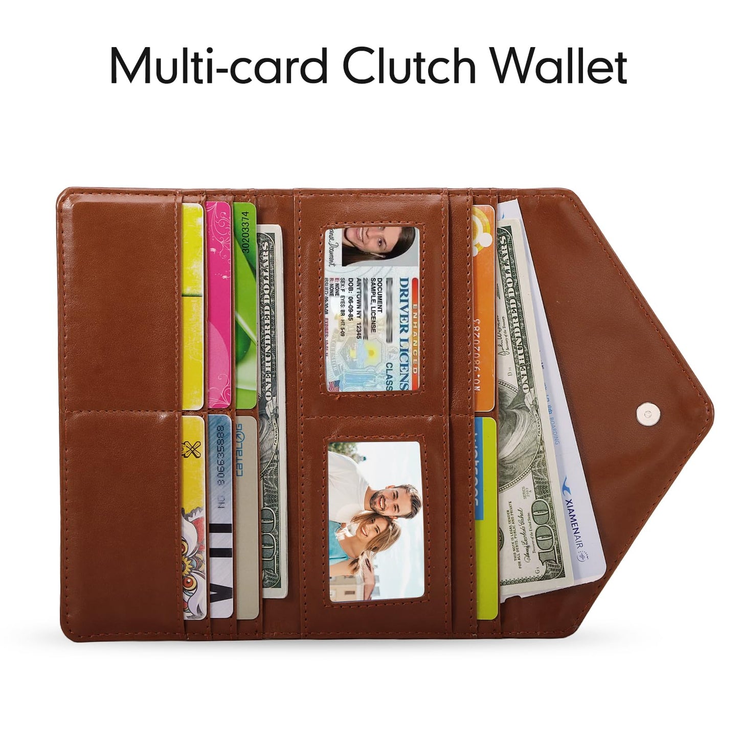 HAWEE Leather Cash Envelope Wallet, RFID Blocking Card Organizer for Women, Reusable Coin Pouch, Coffee Brown