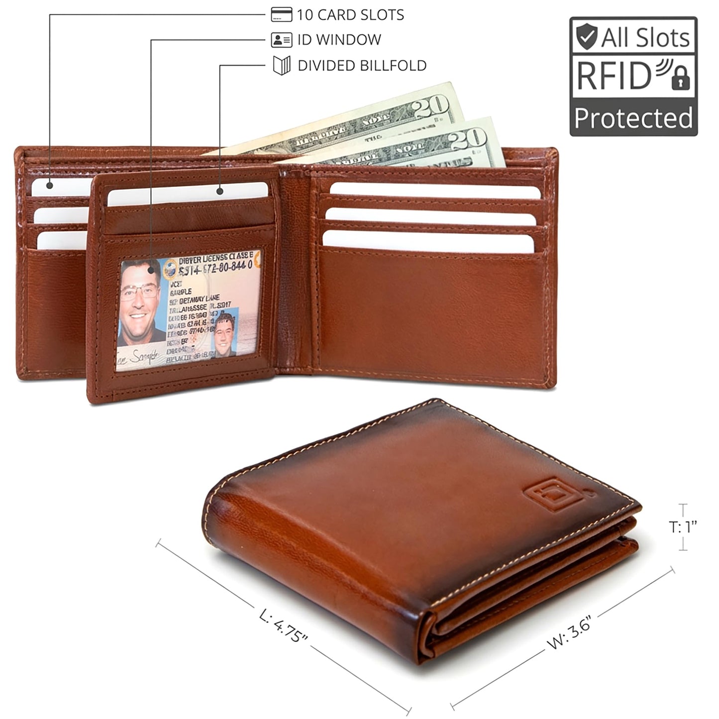 ID Stronghold Extra Capacity Bifold Wallet for Men - RFID Blocking Genuine Leather Wallet (Antiqued Brown)