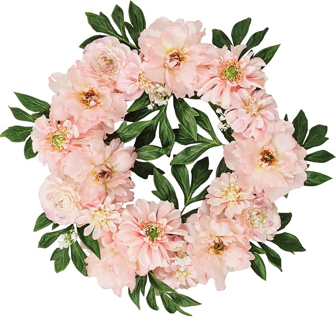 WELL KNOWN Artificial Silk Peony Flower Wreath, Fall Winter Wreaths for Front Door Porch, Wreath for Home Office Shops Wall Hanging Window Wedding Farmhouse Thanksgiving Party Decor (Blush Pink)
